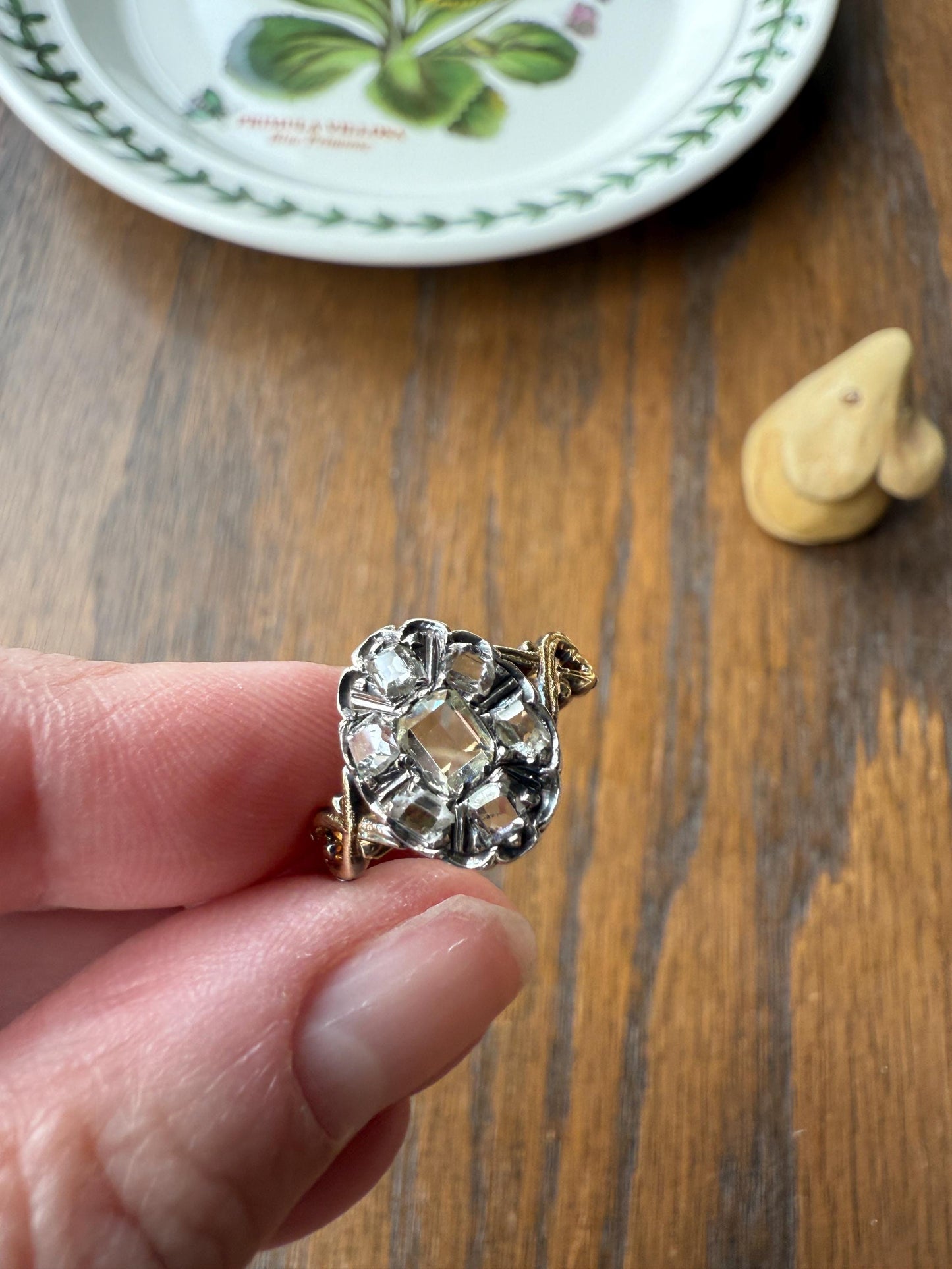 French Early Victorian Era Antique Open Back Table Cut DIAMOND Oval Cluster Ring 18k Gold Scarce Romantic Gift 1800s Ornate Band Stacker