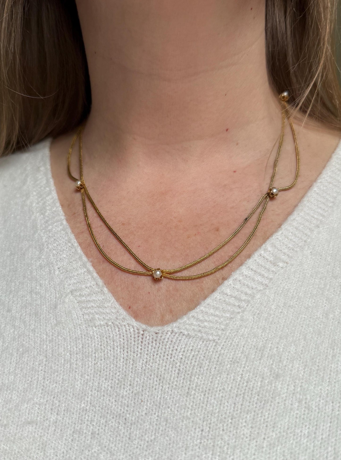 Gorgeous GEORGIAN Antique Draped Esclavage Double Strand Necklace Set with Pearls 18k Gold French Neckmess Neckstack Unique Victorian