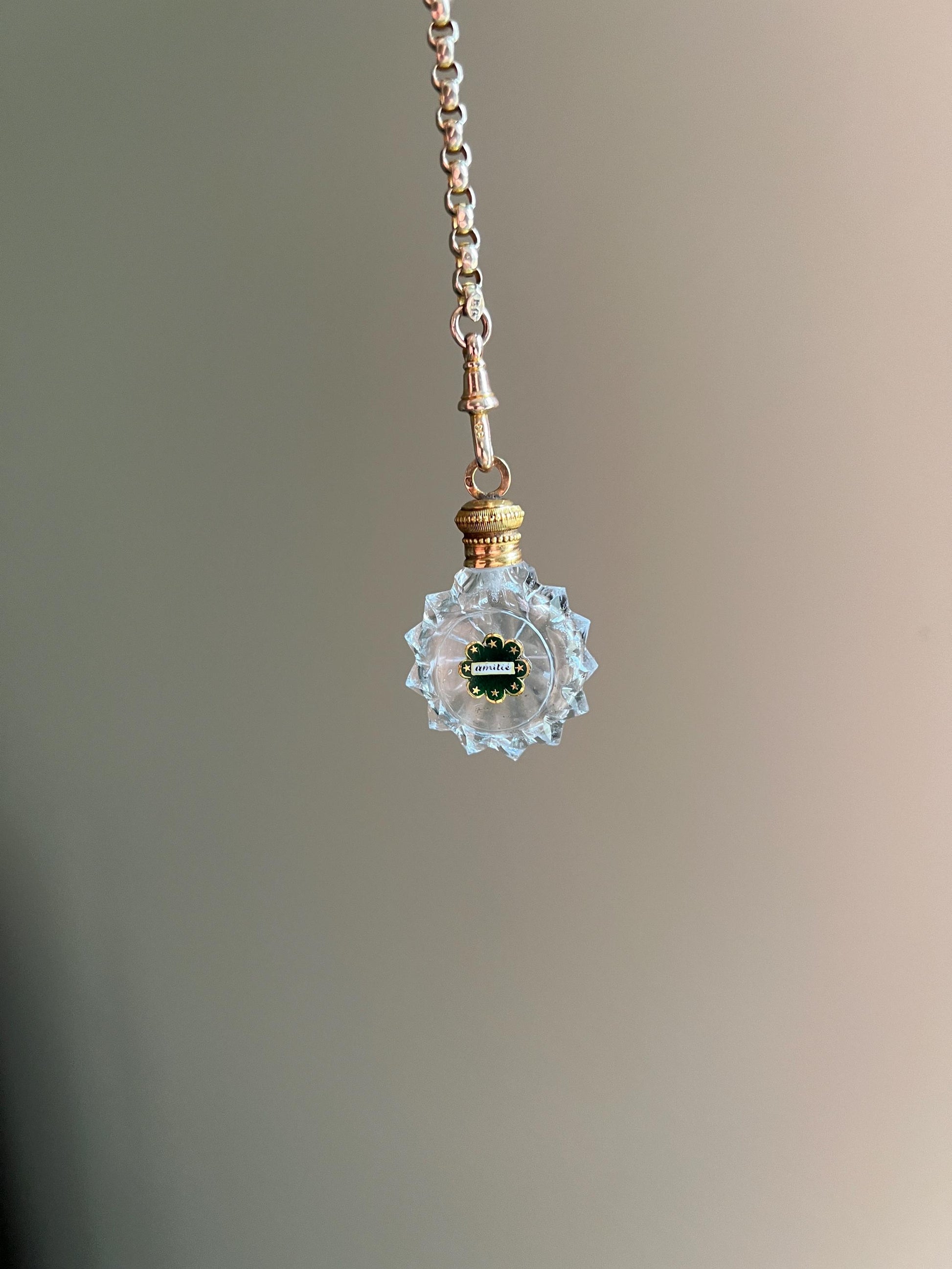 AMITIE Friendship Antique GEORGIAN Era 18k Gold Glass Perfume PENDANT French Chatelaine Vinaigrette Scent Bottle Green Ornate Shaker Locket