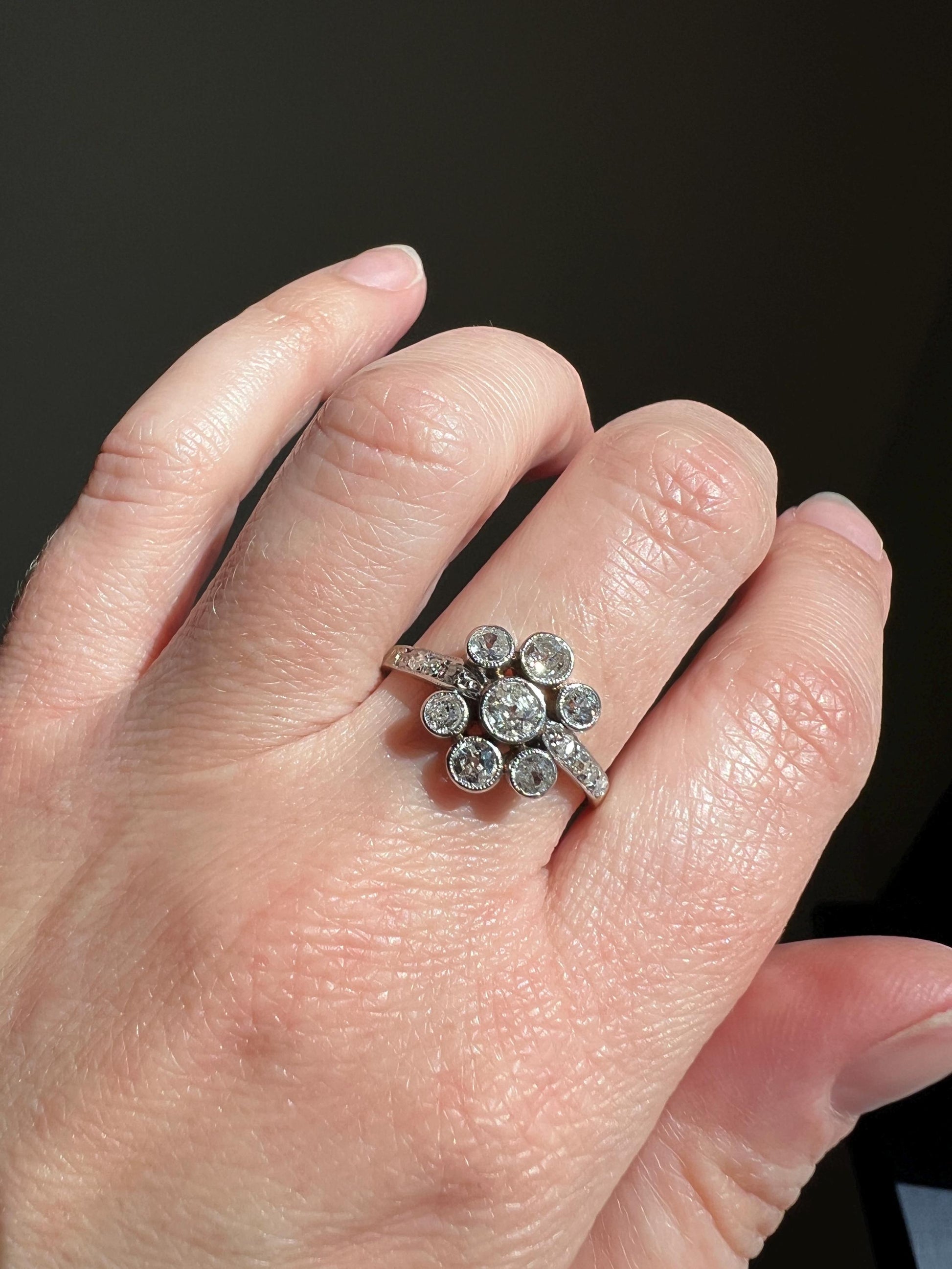 Unique 1 Carat Antique Rose & Old Mine Cut DIAMOND Seven Stone Cluster Ring 18k White Gold French Art Deco Bezel Set Halo OmC 1Ctw Tdw
