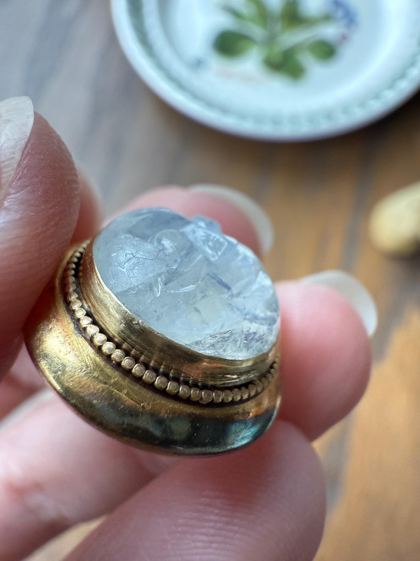 Rare VICTORIAN White LABRADORITE Blue Flash Rainbow Moonstone Smiling Man in MOON 14k Gold Antique Figural Pendant Chunky Rivet Gold Halo