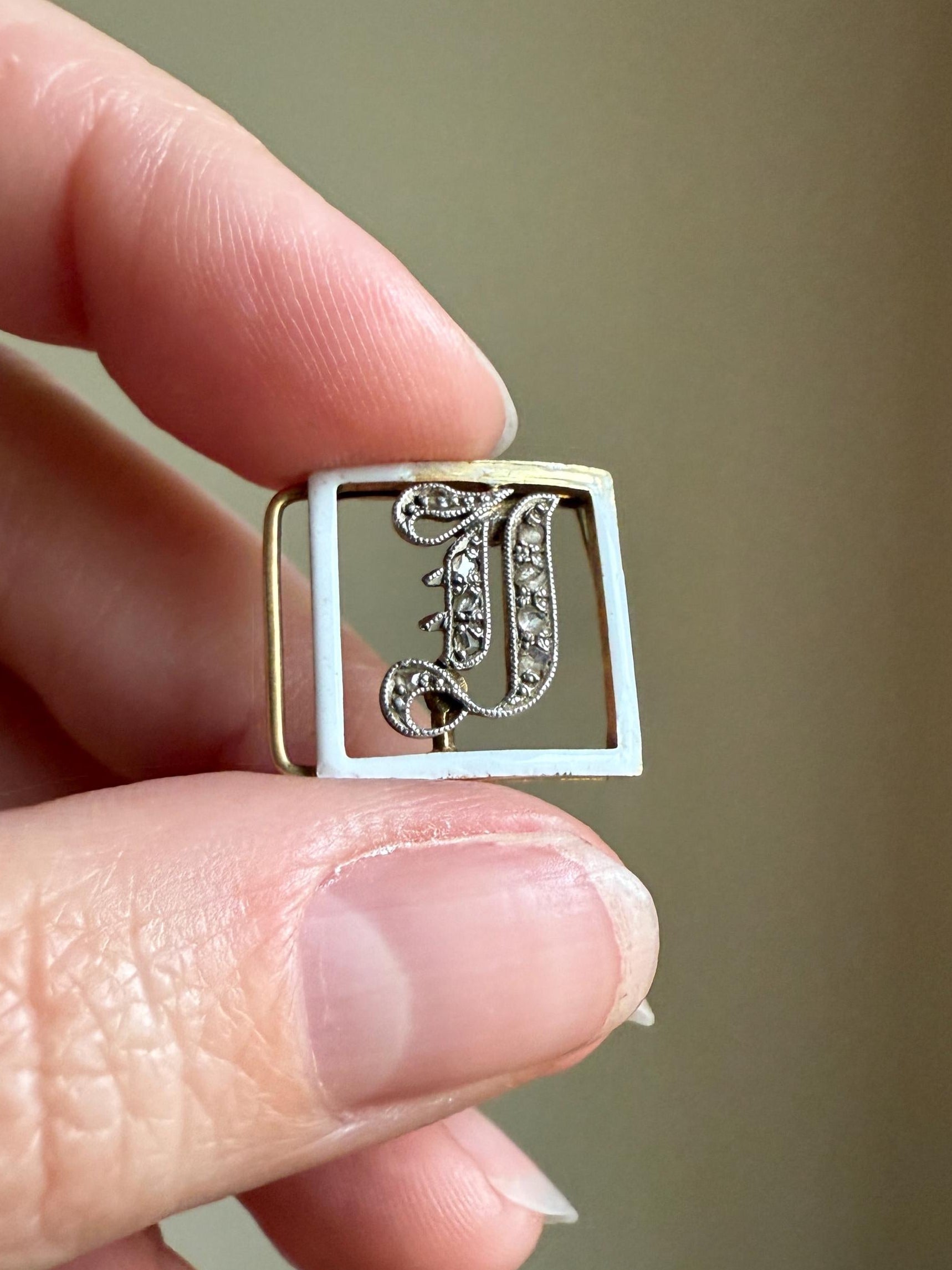 Antique INITIAL J F Slide Letter Rose Cut DIAMOND Pendant 14k Gold Enamel Bracelet Necklace Charm Gift Symbol Victorian Art Deco Geometric