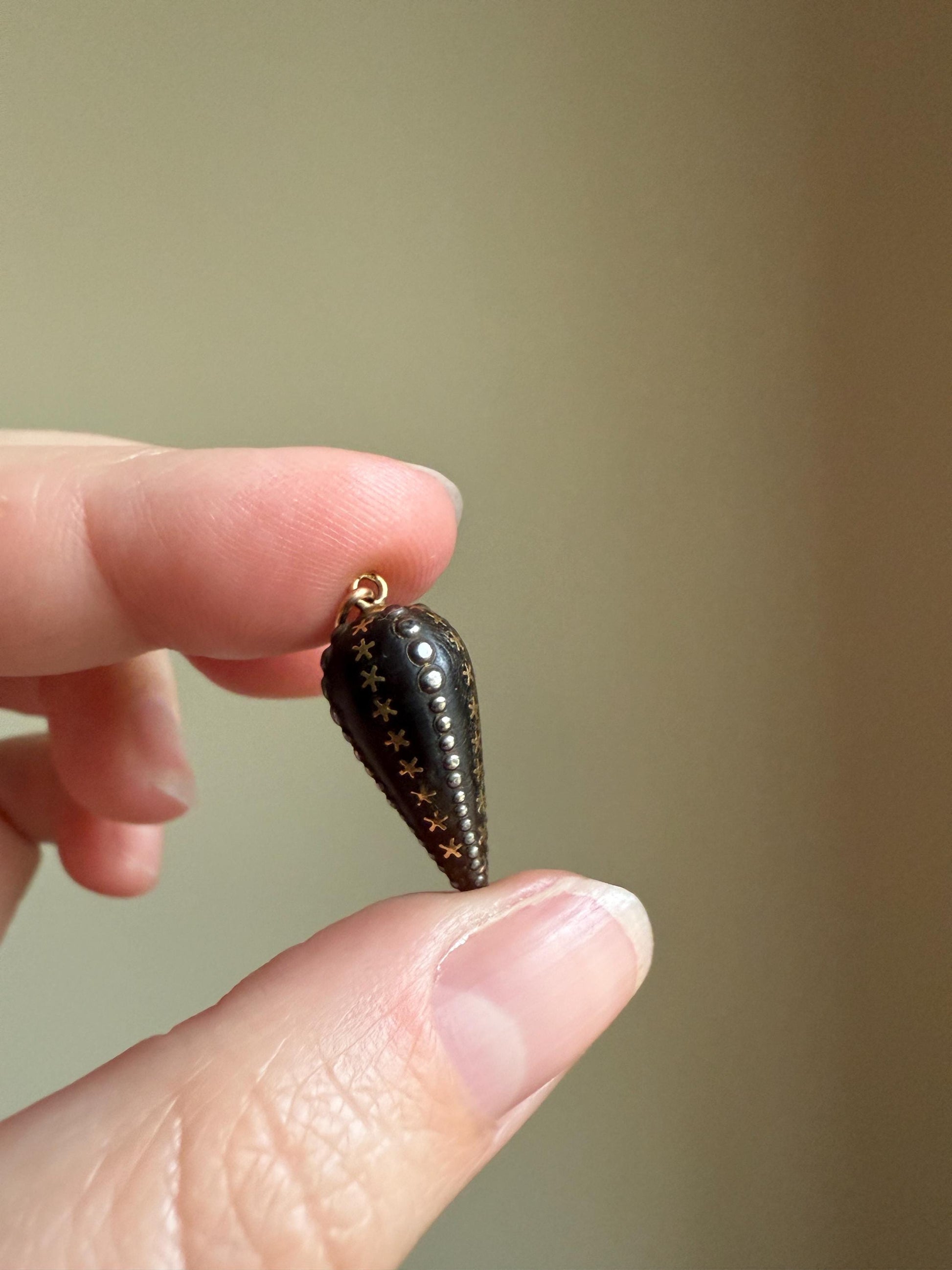 STARS French ANTIQUE 18k Gold Inlay Silver Beaded Rivet Torpedo Studded Drop Pendant Cone Teardrop Obelisk Spike 10k Gold Jump Unique Gift