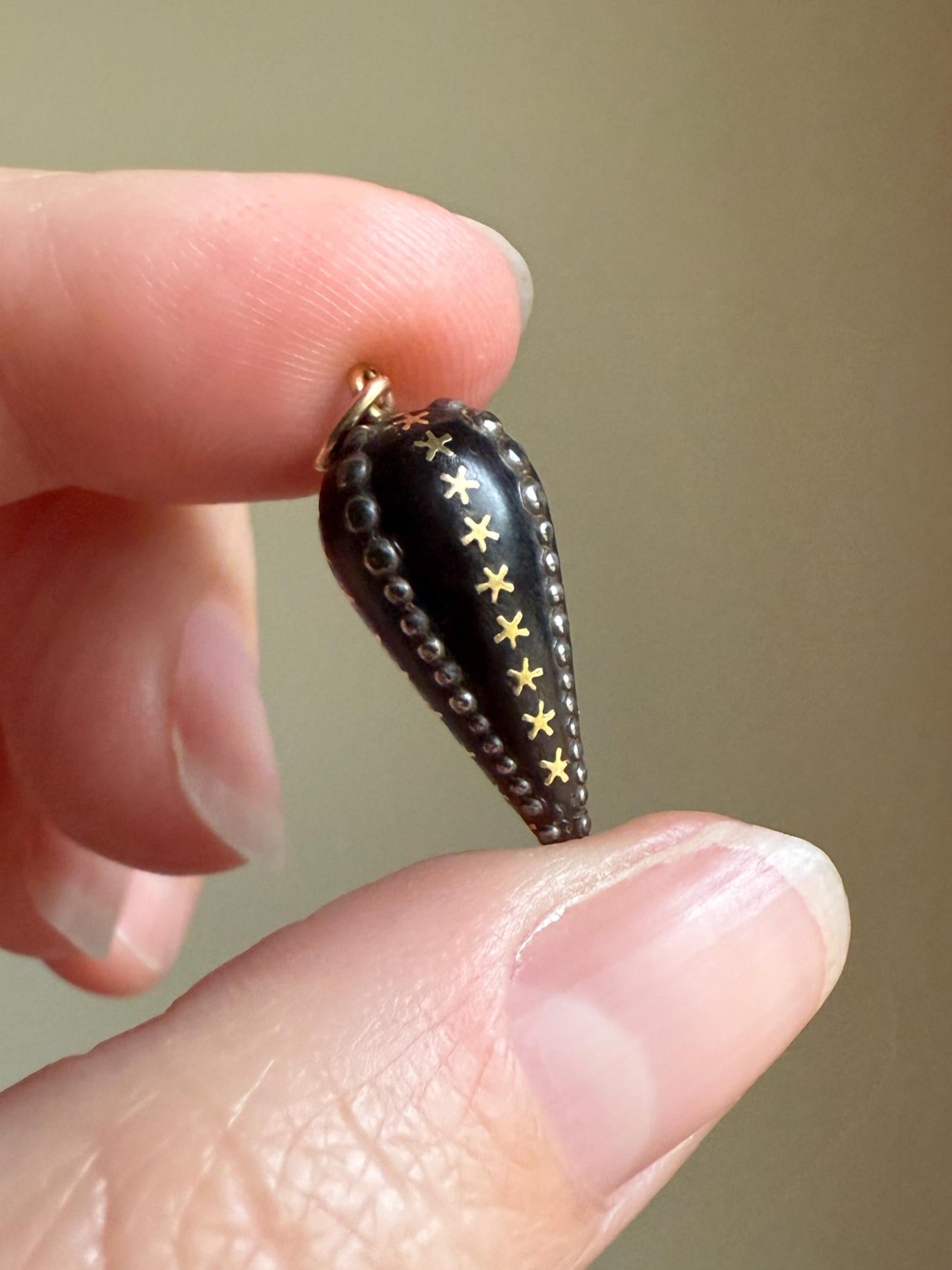 STARS French ANTIQUE 18k Gold Inlay Silver Beaded Rivet Torpedo Studded Drop Pendant Cone Teardrop Obelisk Spike 10k Gold Jump Unique Gift