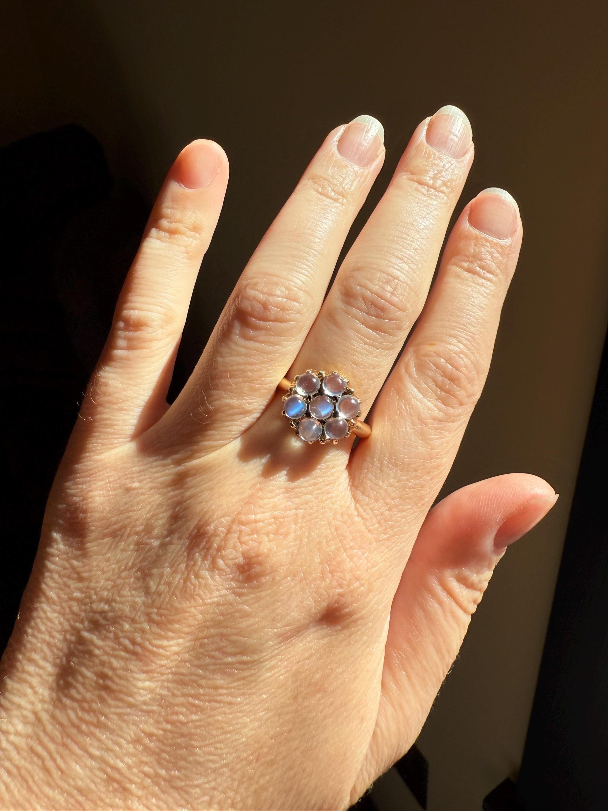 MOONSTONE Daisy Cluster Halo Ring Vintage to Art Deco Antique 14k Gold Seven Stone Blue Flash Chunky Glowing Orbs Unique Romantic Gift Glow