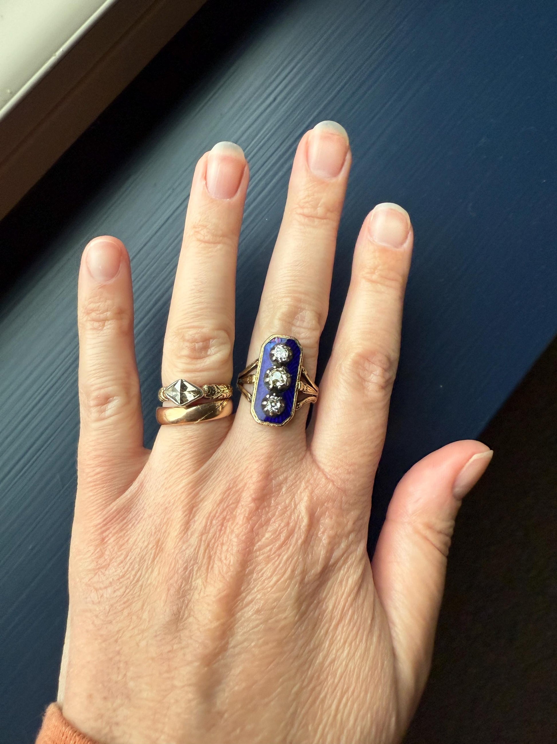 French Antique Georgian Bague Au Firmament .8 Carat Old Mine Cut Diamond Blue Enamel 18k Gold Ring of Heaven STAR Victorian Ornate Band OmC