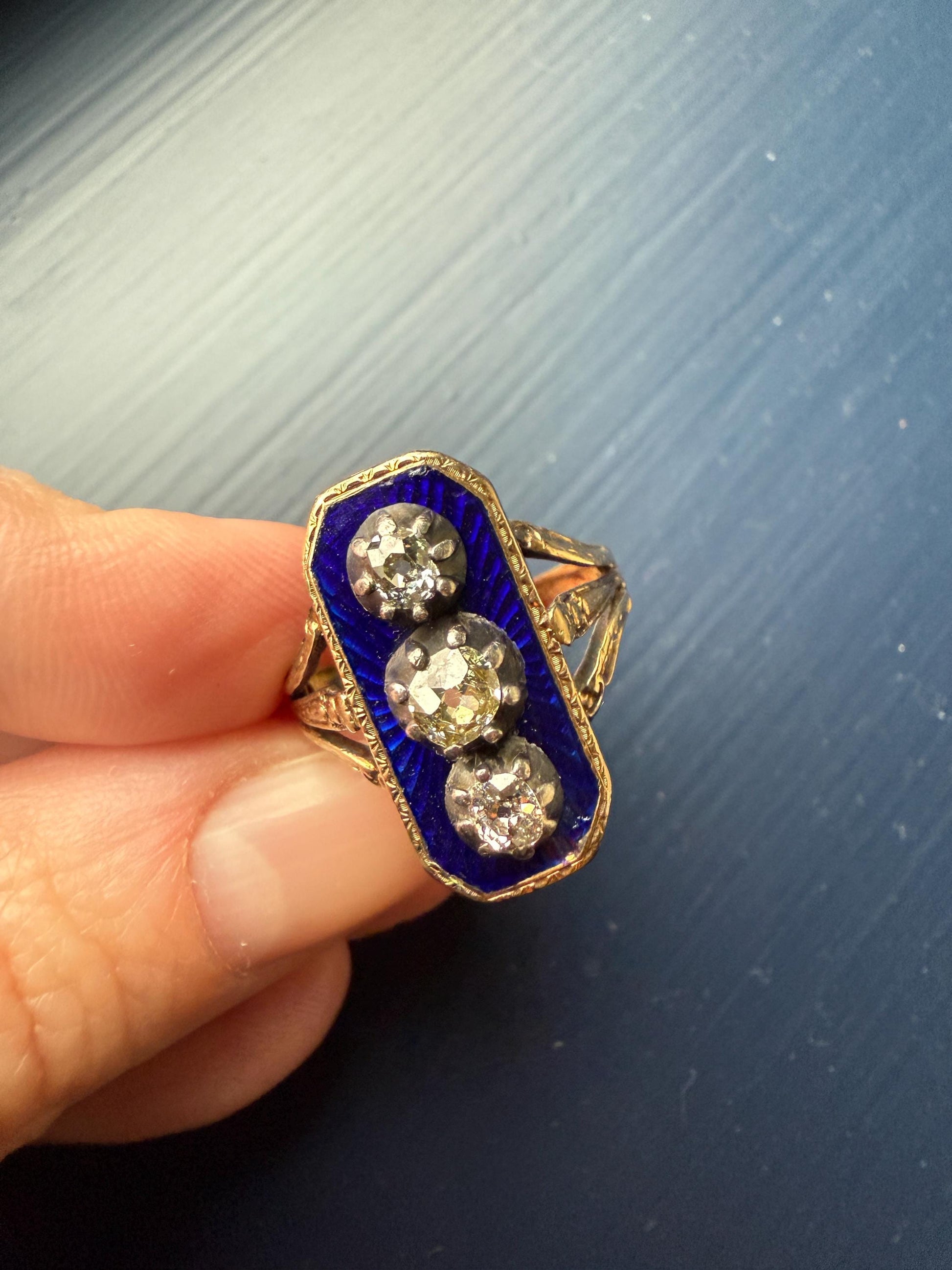 French Antique Georgian Bague Au Firmament .8 Carat Old Mine Cut Diamond Blue Enamel 18k Gold Ring of Heaven STAR Victorian Ornate Band OmC