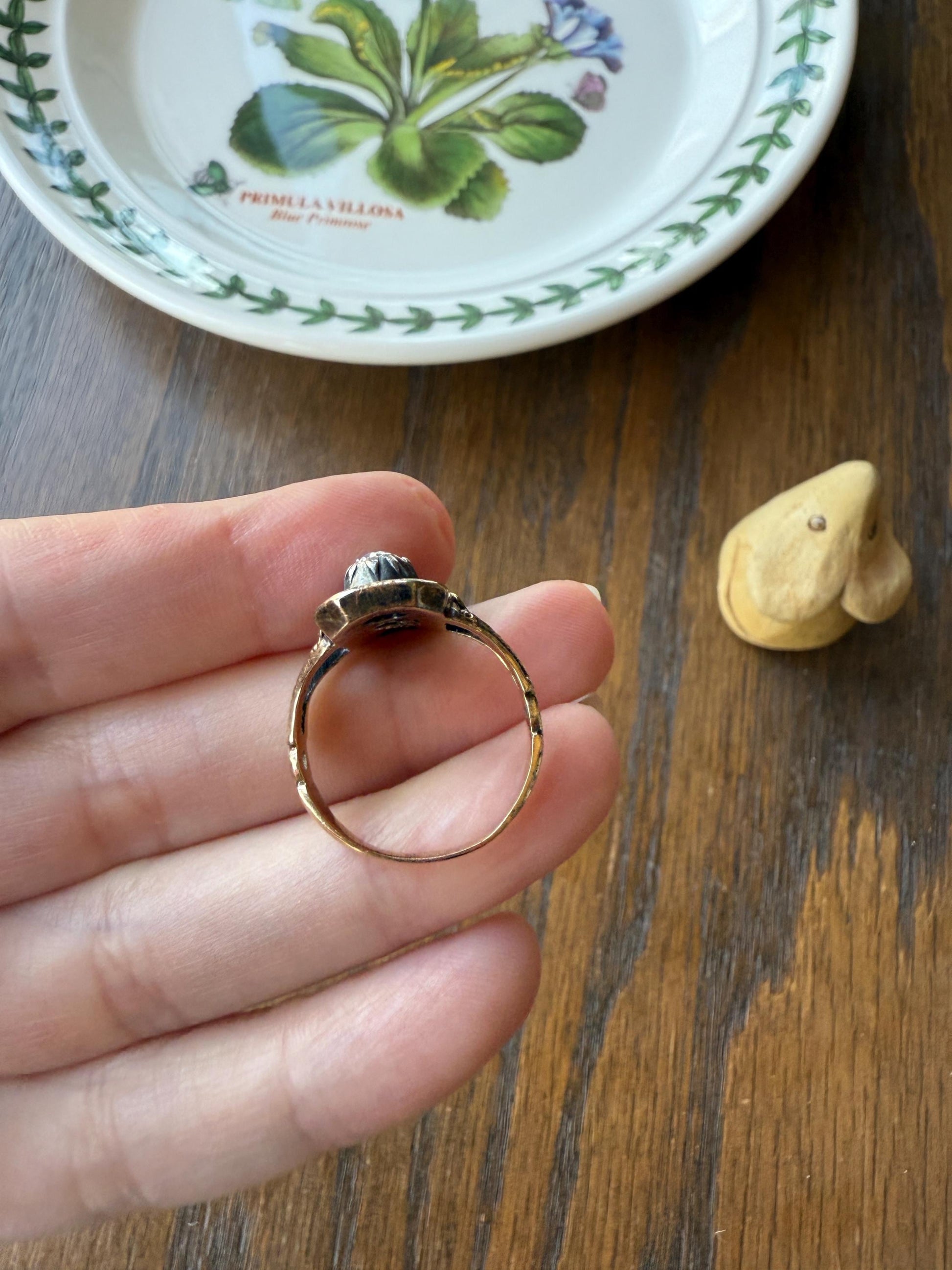 French Antique Georgian Bague Au Firmament .8 Carat Old Mine Cut Diamond Blue Enamel 18k Gold Ring of Heaven STAR Victorian Ornate Band OmC