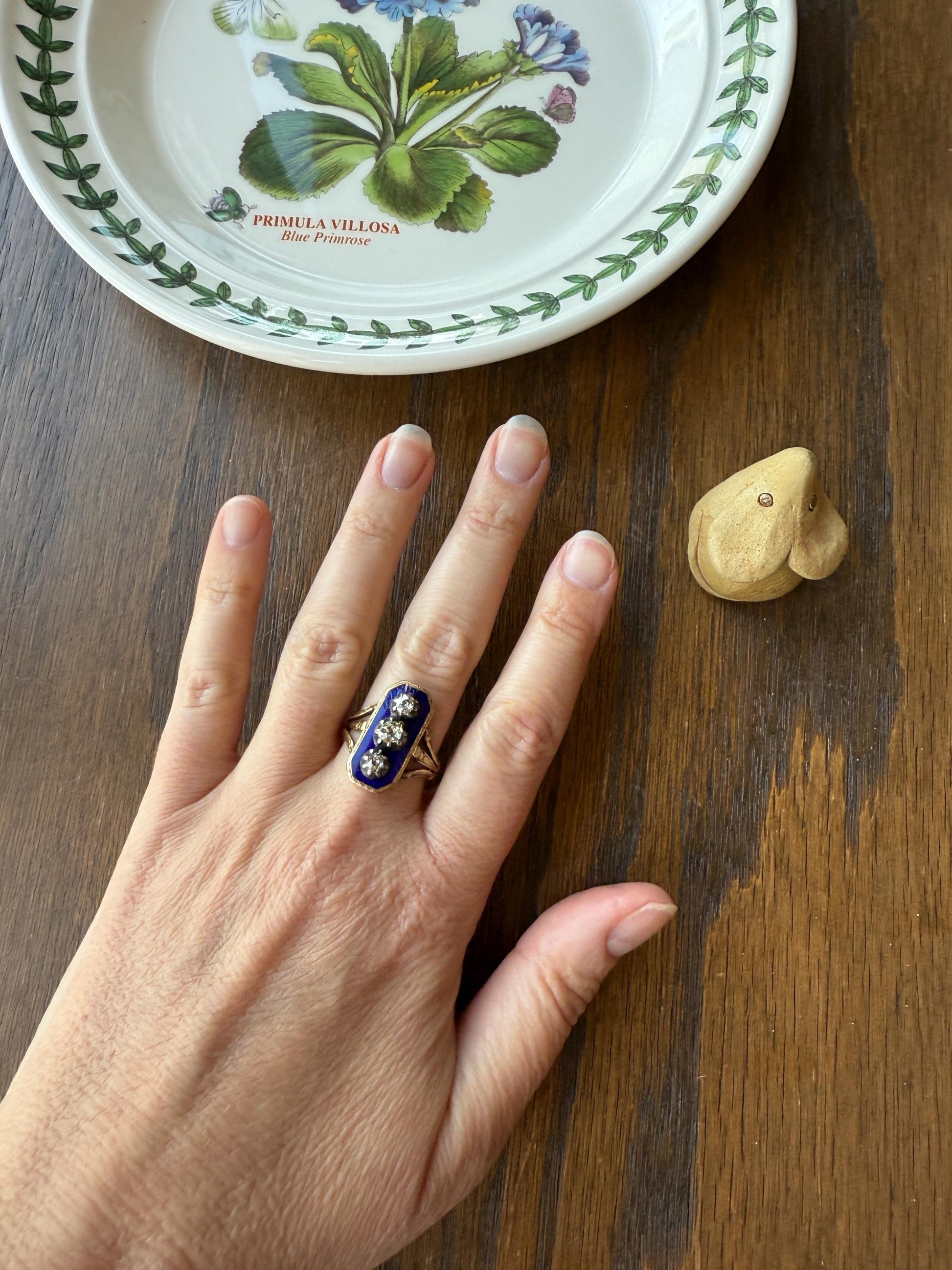 French Antique Georgian Bague Au Firmament .8 Carat Old Mine Cut Diamond Blue Enamel 18k Gold Ring of Heaven STAR Victorian Ornate Band OmC