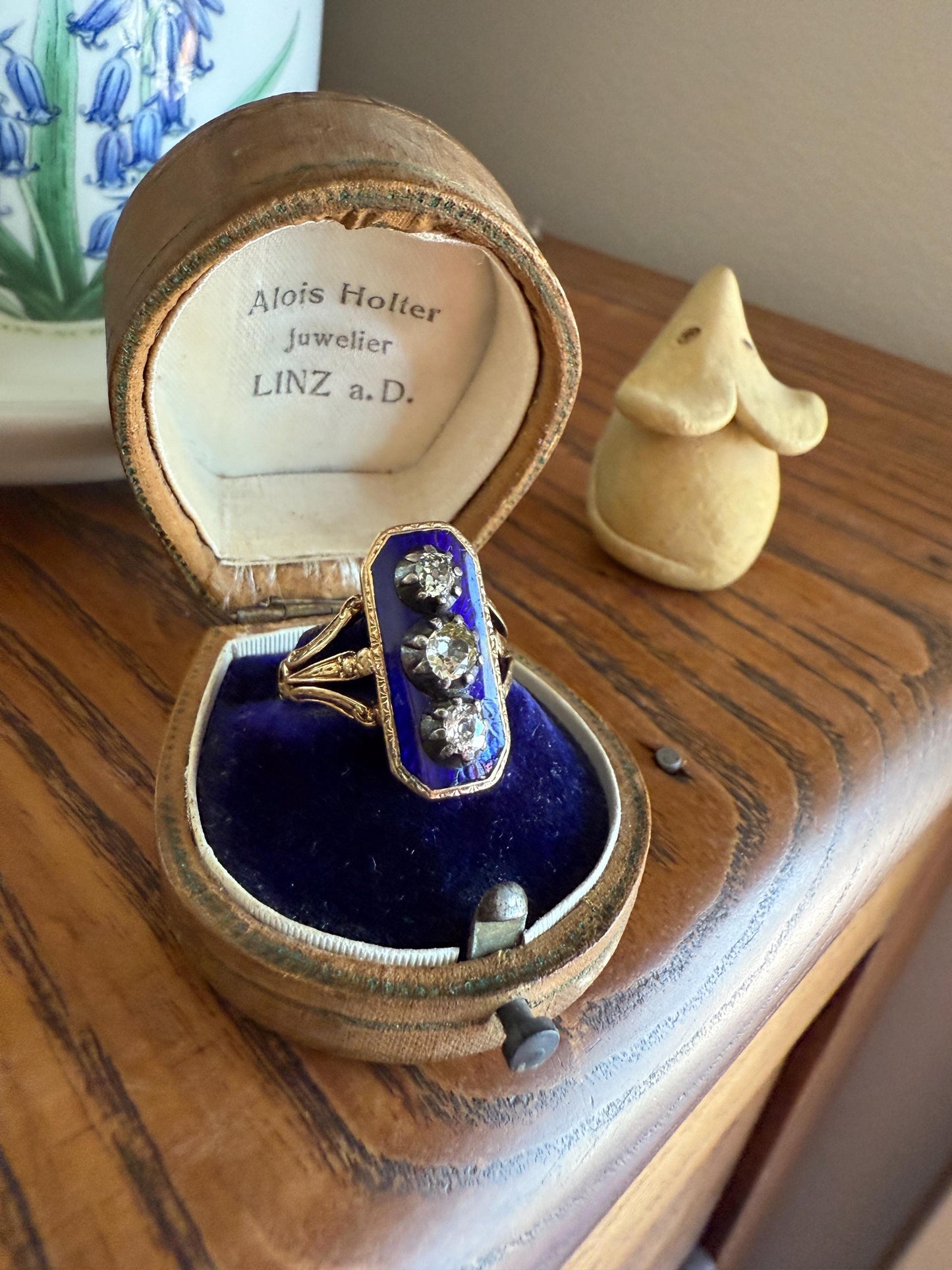 French Antique Georgian Bague Au Firmament .8 Carat Old Mine Cut Diamond Blue Enamel 18k Gold Ring of Heaven STAR Victorian Ornate Band OmC