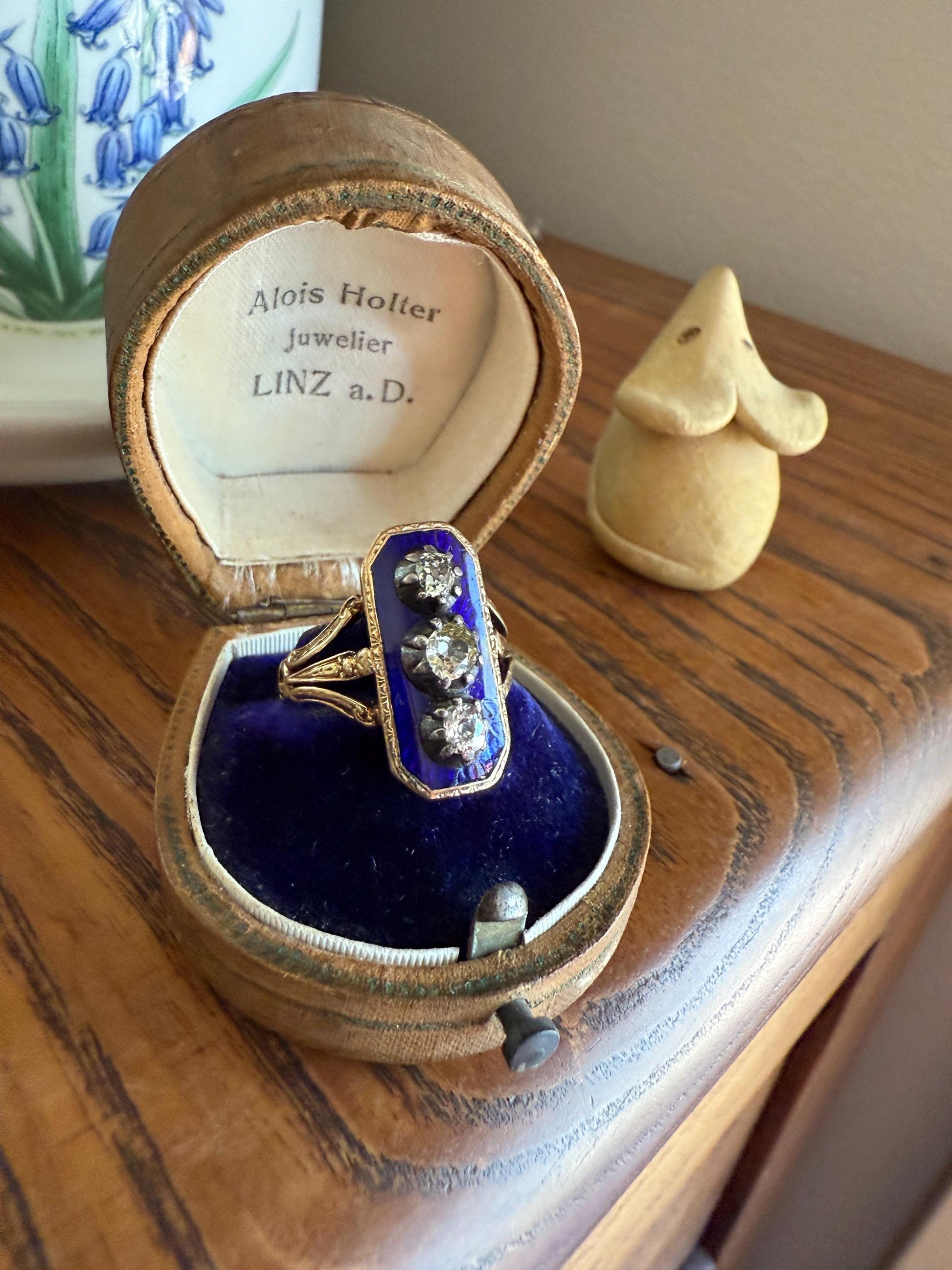 French Antique Georgian Bague Au Firmament .8 Carat Old Mine Cut Diamond Blue Enamel 18k Gold Ring of Heaven STAR Victorian Ornate Band OmC