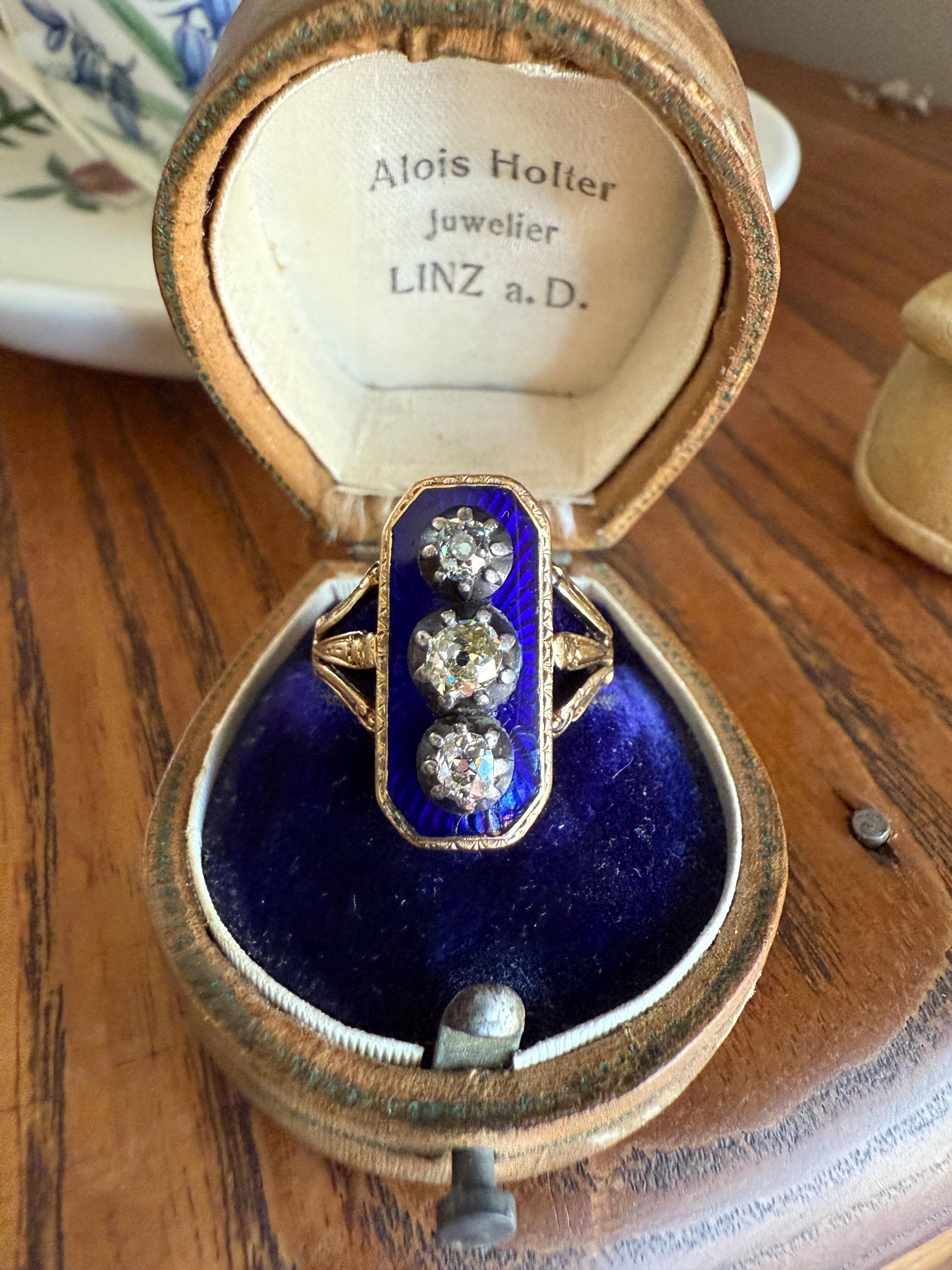French Antique Georgian Bague Au Firmament .8 Carat Old Mine Cut Diamond Blue Enamel 18k Gold Ring of Heaven STAR Victorian Ornate Band OmC