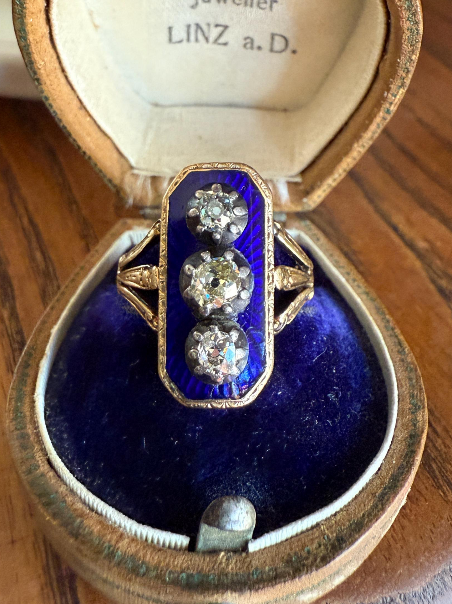 French Antique Georgian Bague Au Firmament .8 Carat Old Mine Cut Diamond Blue Enamel 18k Gold Ring of Heaven STAR Victorian