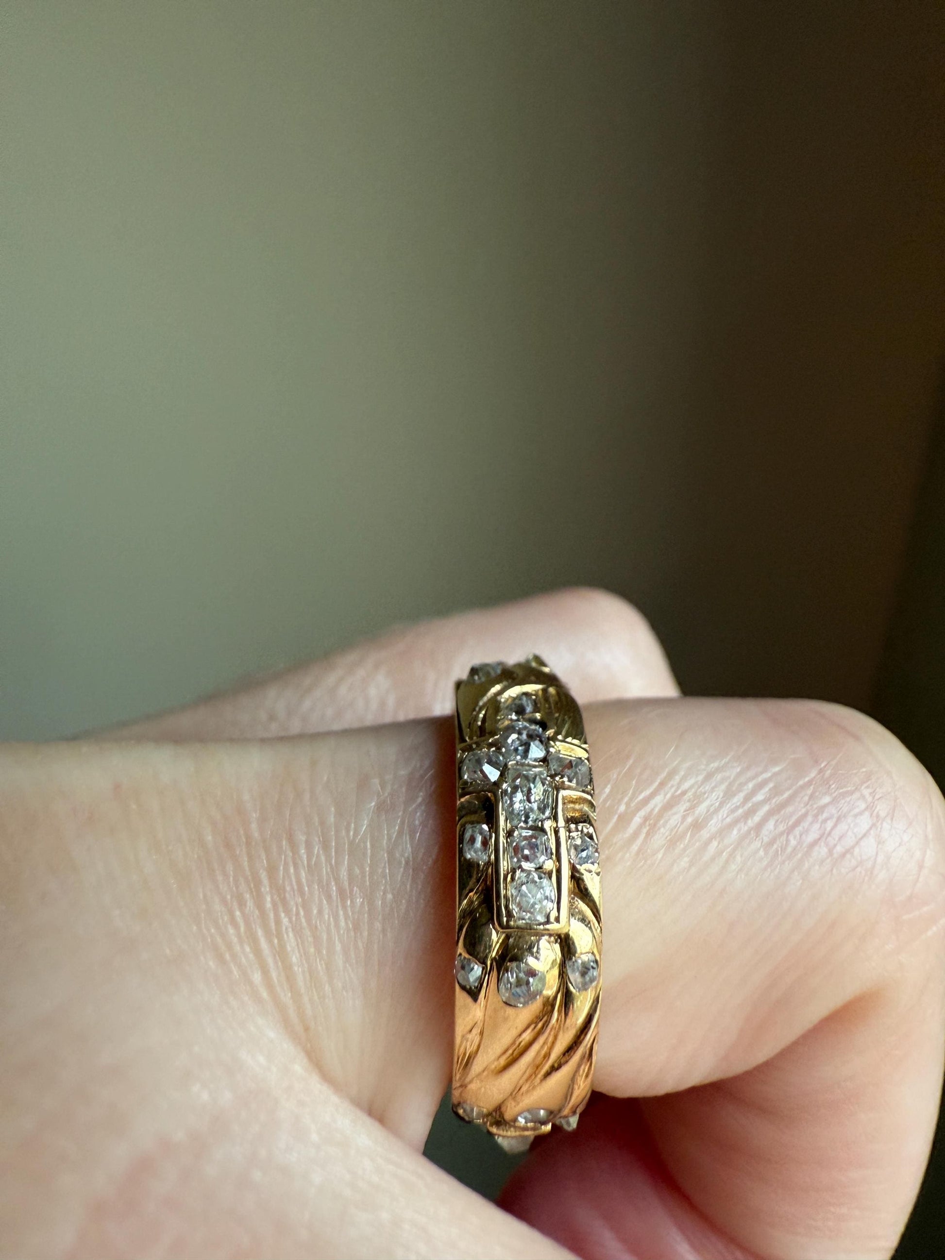 HEAVY One of a Kind Chunky Elongated 1.5ctw Old Mine Cut DIAMOND Encrusted Eternity Band French c1939 Ring 9.6g 18k Gold Anniversary? Dated