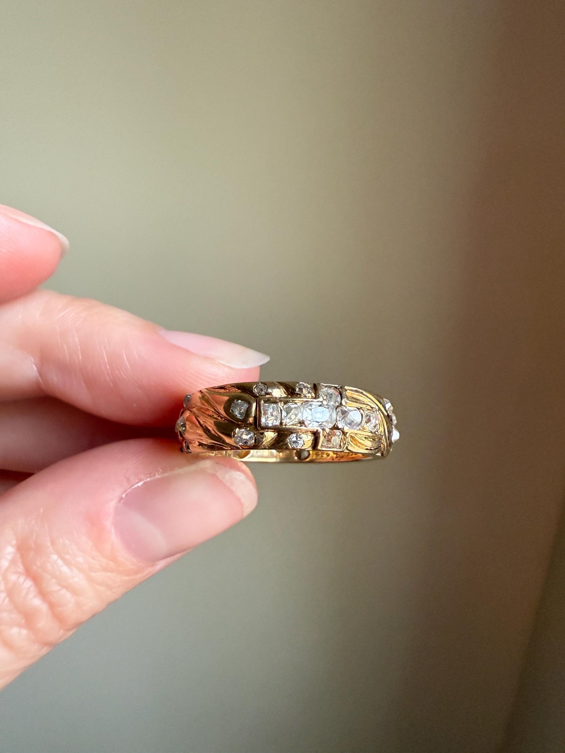 HEAVY One of a Kind Chunky Elongated 1.5ctw Old Mine Cut DIAMOND Encrusted Eternity Band French c1939 Ring 9.6g 18k Gold Anniversary? Dated