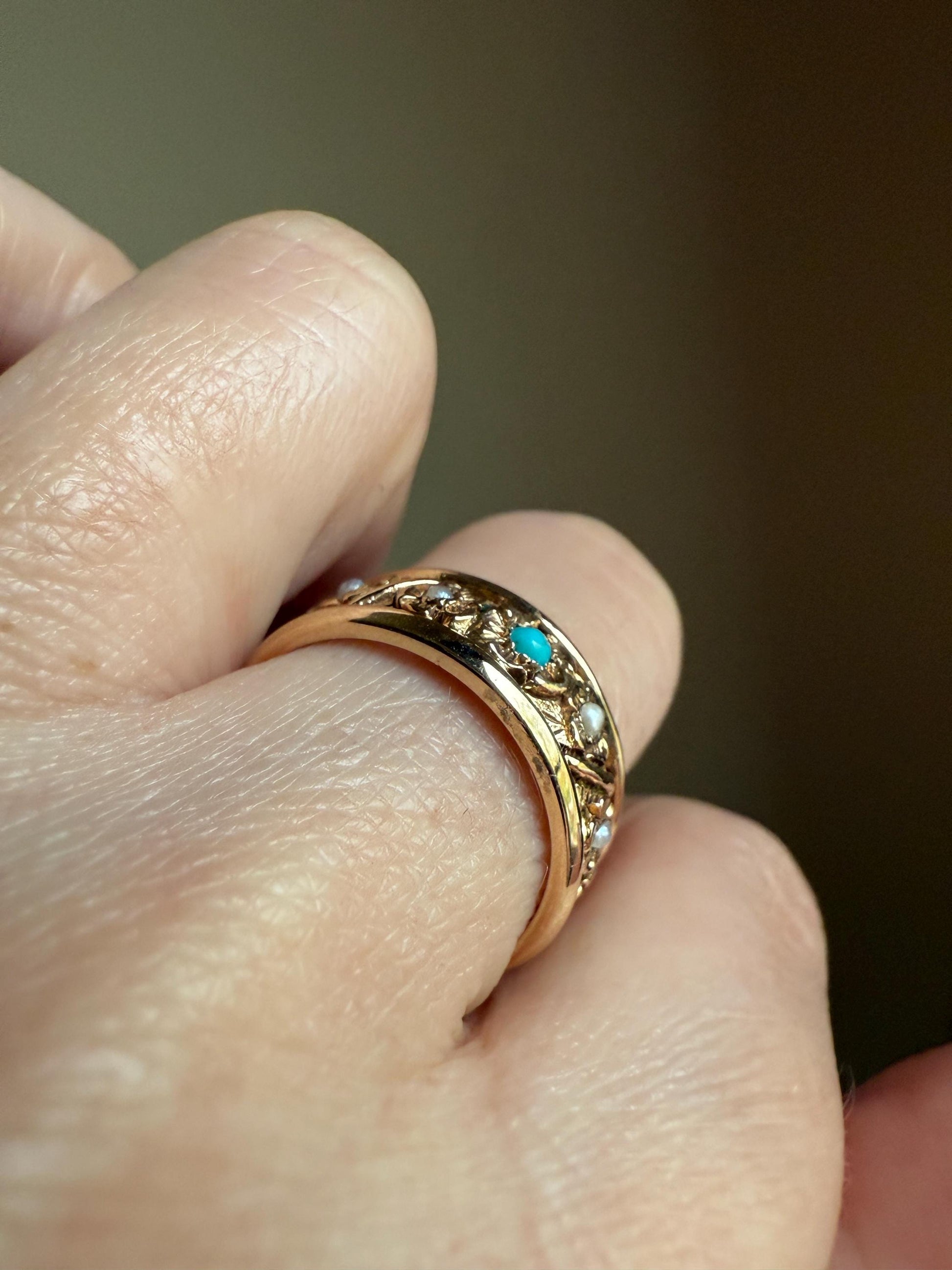 FLORAL Vintage to Art Deco Pearl Turquoise Chunky 7.5mm Wide Band Eternity Ring 6.4g 14k Gold Ornate Detailed Flower Stacker Wedding Heavy