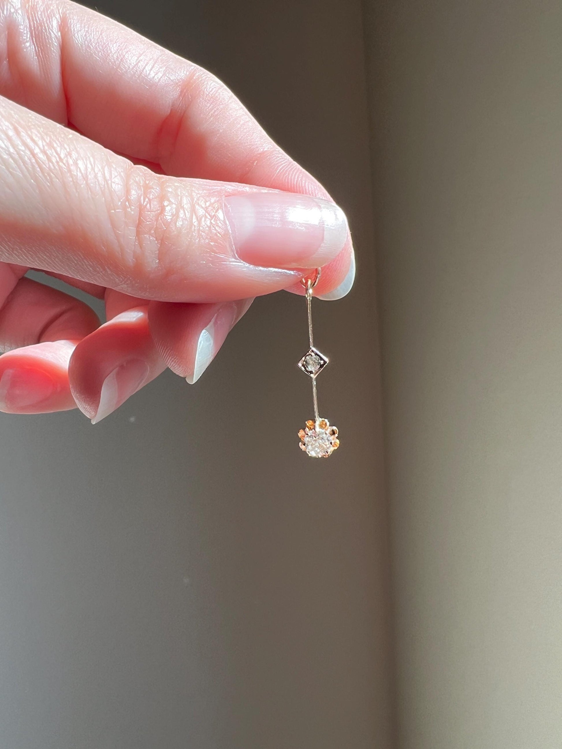 VICTORIAN Antique Old Mine Cut DIAMOND Rose Cut Dangle PENDANT Linear Charm 18k Gold 10k Loop French Belle Epoque Buttercup Minimalist Gift