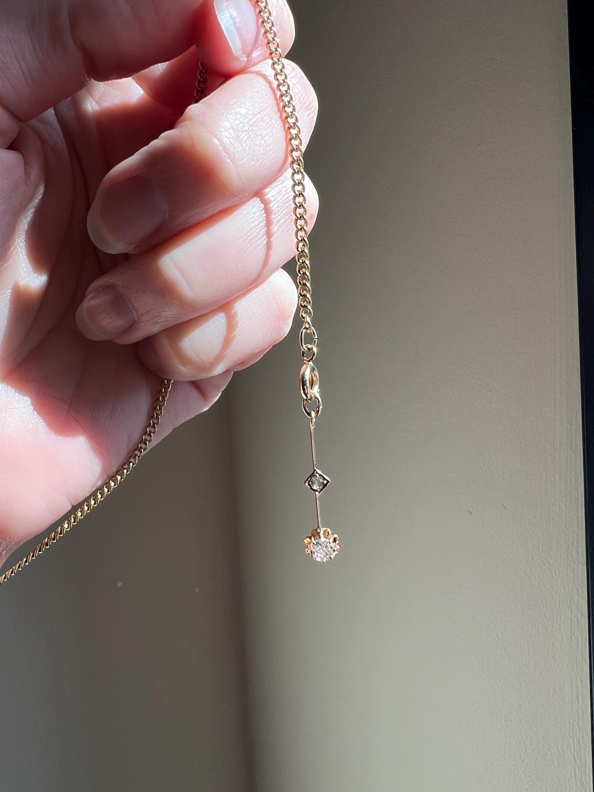 VICTORIAN Antique Old Mine Cut DIAMOND Rose Cut Dangle PENDANT Linear Charm 18k Gold 10k Loop French Belle Epoque Buttercup Minimalist Gift