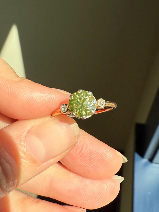 Antique Eye Clean Color Change 1.5 Carat Antique Fancy Champagne Green Yellow Old Mine Cut DIAMOND Solitaire Ring Three Stone 18k Gold