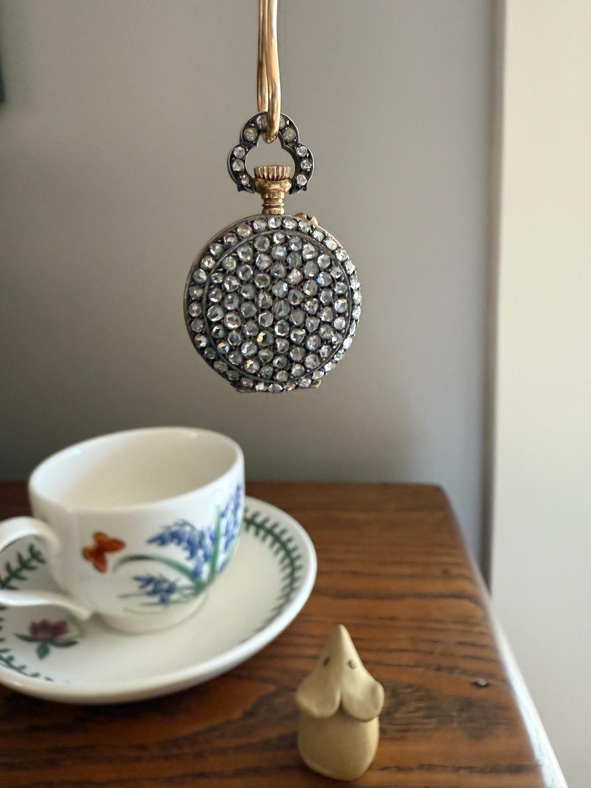ENTIRELY DIAMOND Encrusted French VICTORIAN Era Chunky Rose Cut Diamond Antique 18k Gold Silver Pocket Watch Case Pendant Locket Rare Gift