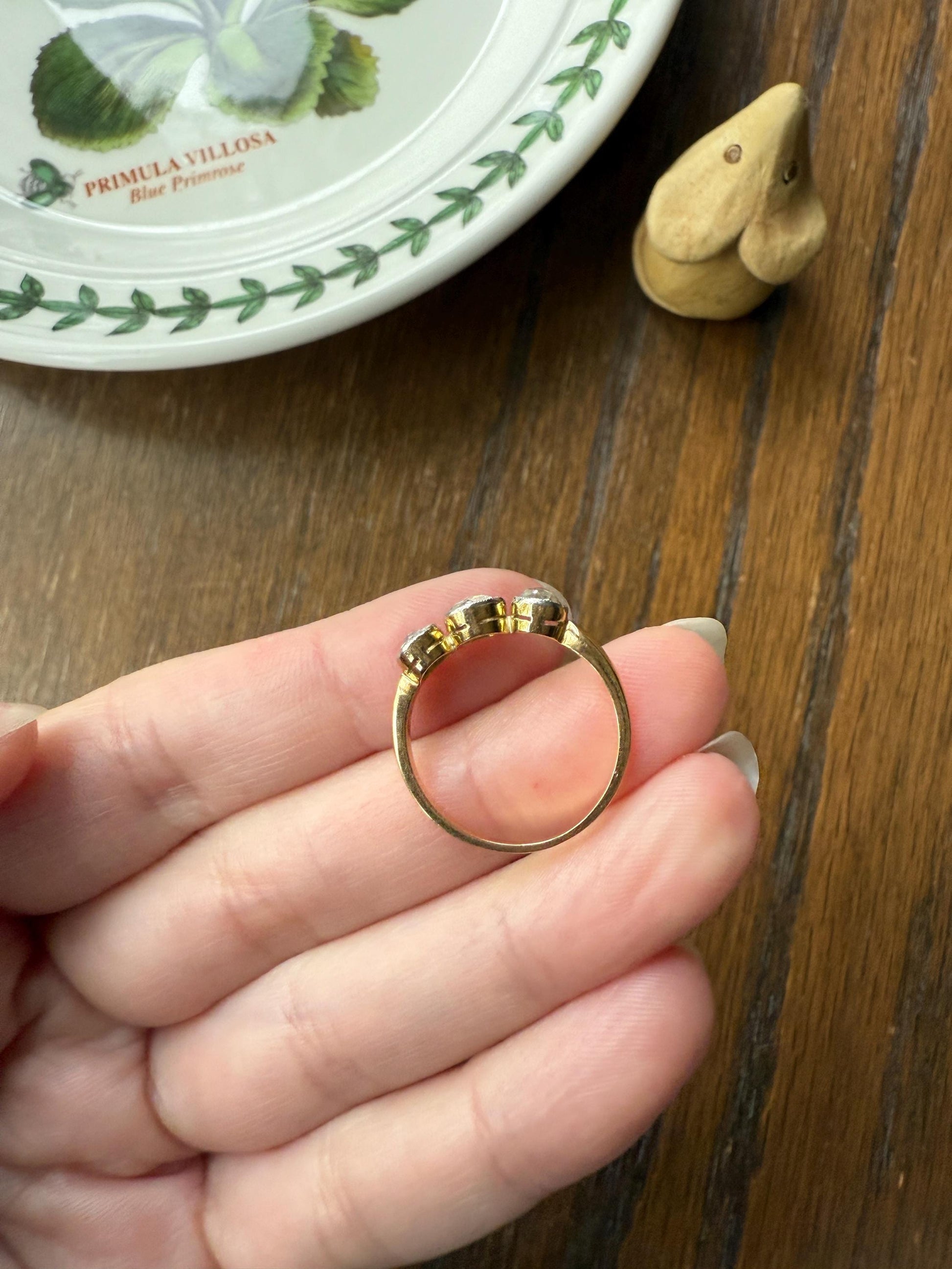 Antique Eye Clean Rose Cut DIAMOND Three Stone Ring Stackable Band Open Back Sparkle 18k Gold Bezel Set Fiery Romantic Gift Edwardian