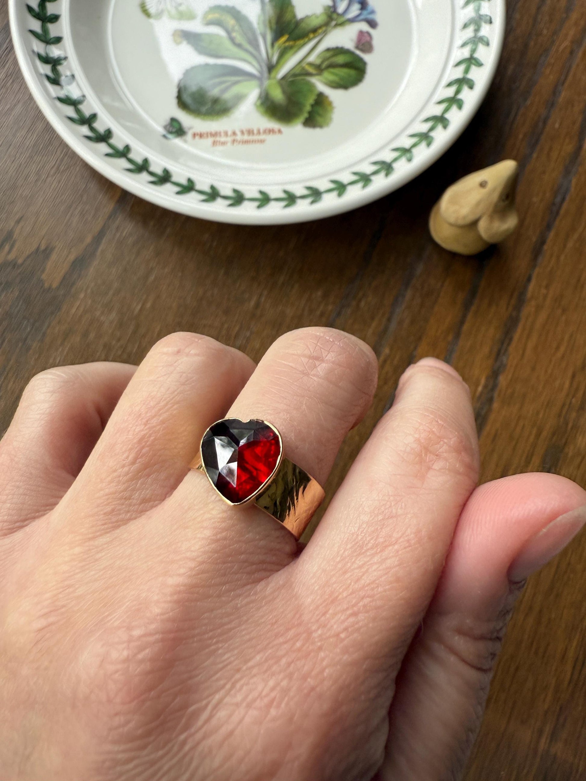 HEART Vintage Perpignan GARNET 7mm Wide Cigar Band Ring Figural Stacker Crimson Glowing Red Angled Textured Romantic Gift