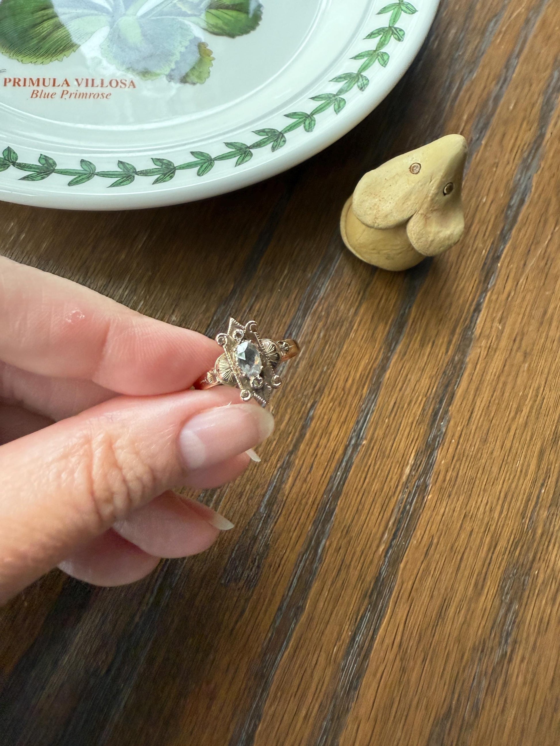 Georgian SHIELD Domed Oval Rose Cut Diamond Ornate Engraved Antique Ring 18k Gold Figural Stacker Gothic Medieval Style Unique Romantic Gift