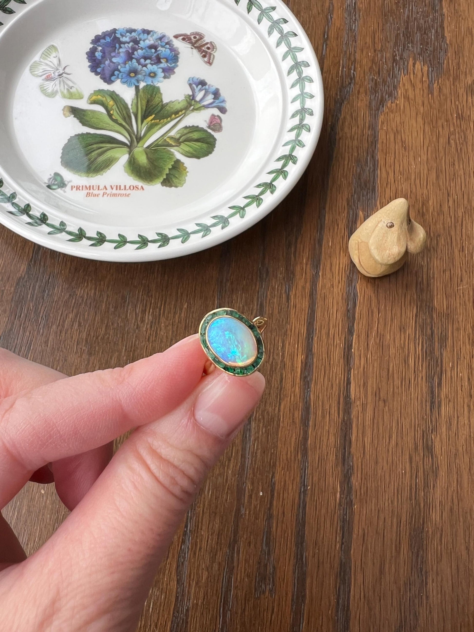 BLUE Opal Carre Cut EMERALD HALO Ring Antique 18k Gold Oval Geometric Bullseye Target Channel Set Green Romantic Gift Victorian Belle Epoque