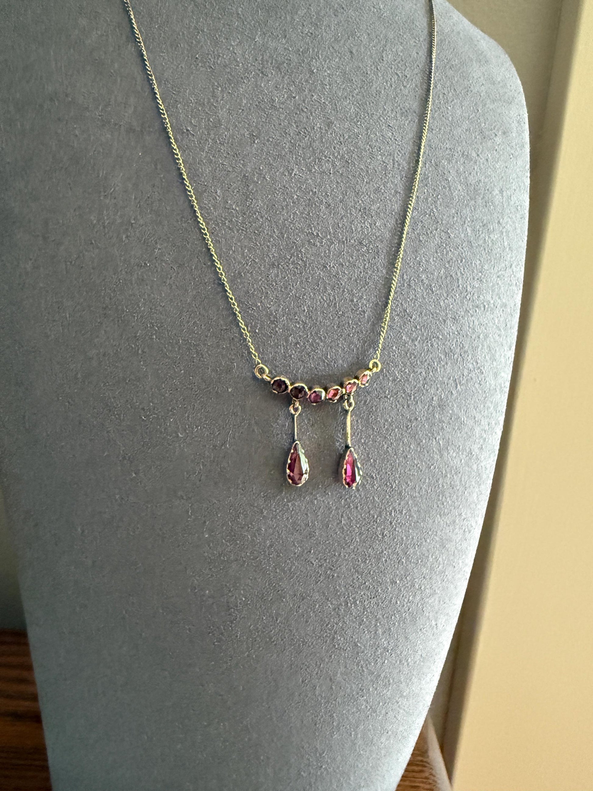 Daintier Victorian Curved Perpignan GARNET Negligee Necklace Chain Teardrop Dangle Pendants 18k Gold Rose Cut Closed Back Almandine Glowing