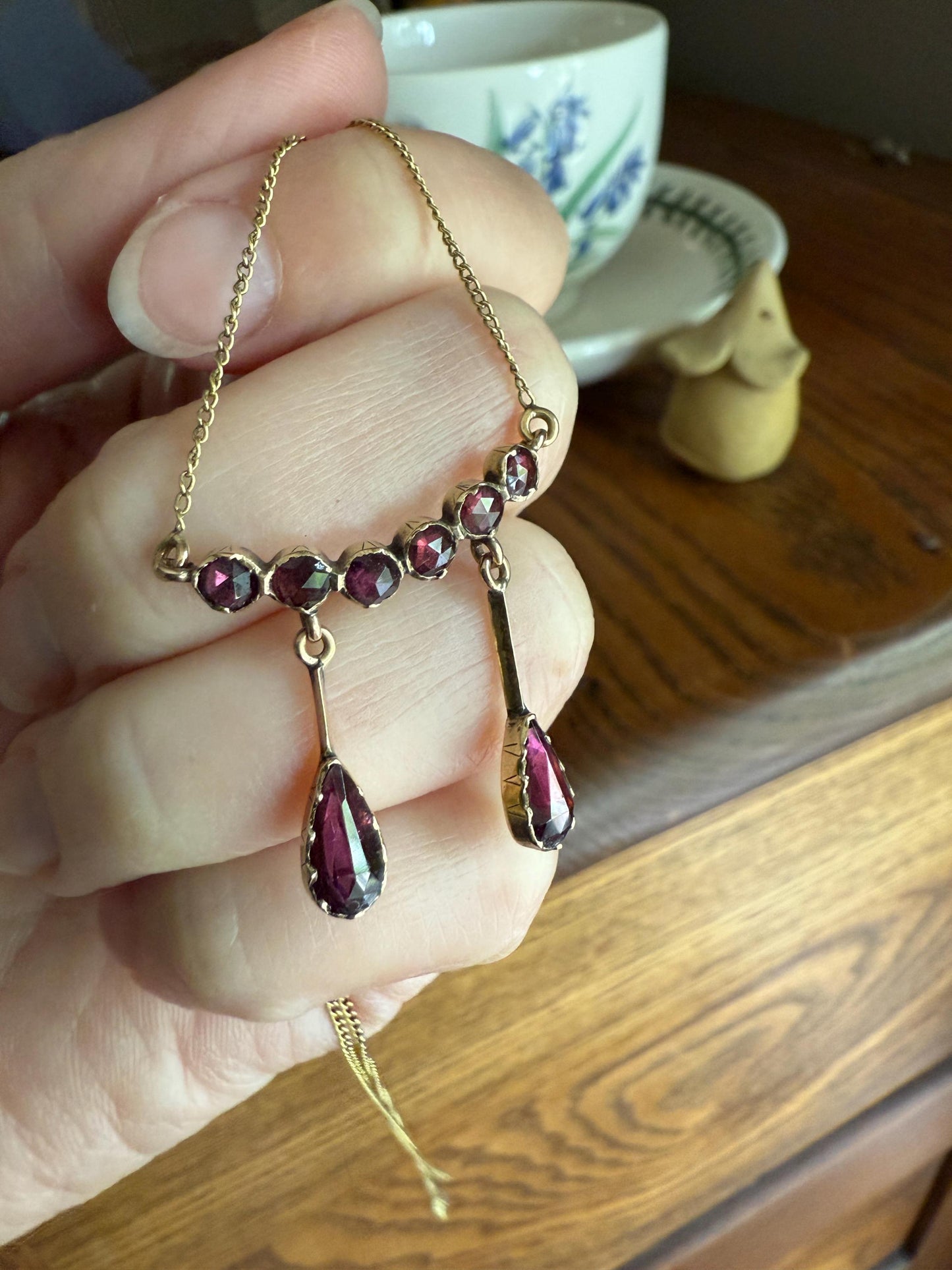 Daintier Victorian Curved Perpignan GARNET Negligee Necklace Chain Teardrop Dangle Pendants 18k Gold Rose Cut Closed Back Almandine Glowing