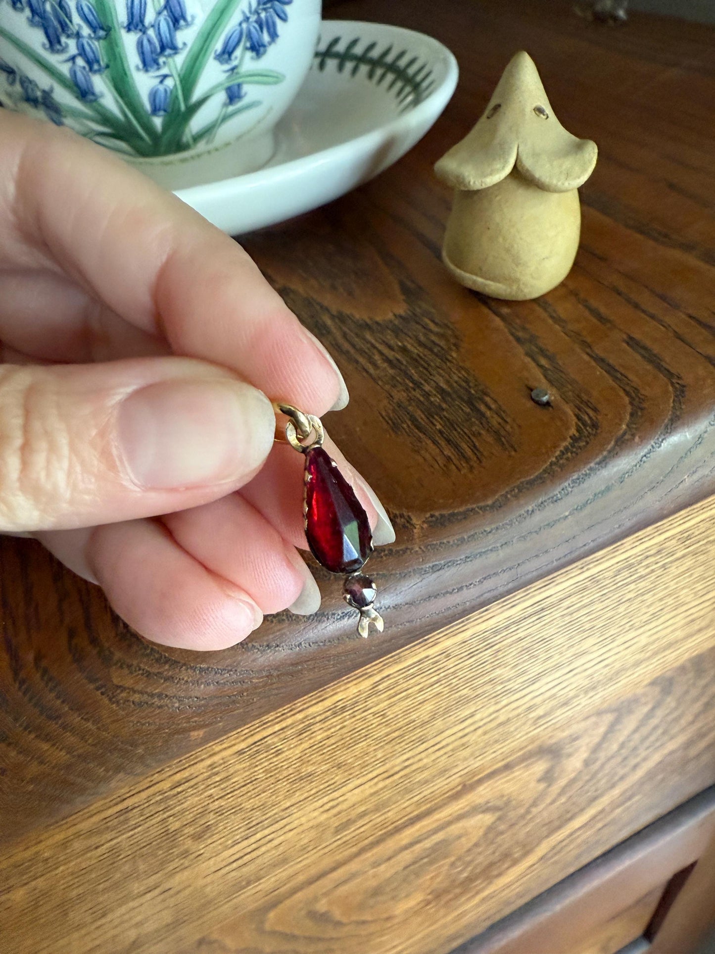 TEARDROP Victorian French Perpignan GARNET Pendant Charm Dangle Pendant Pear 18k Gold Rose Cut Closed Back Almandine Glowing Red Crimson