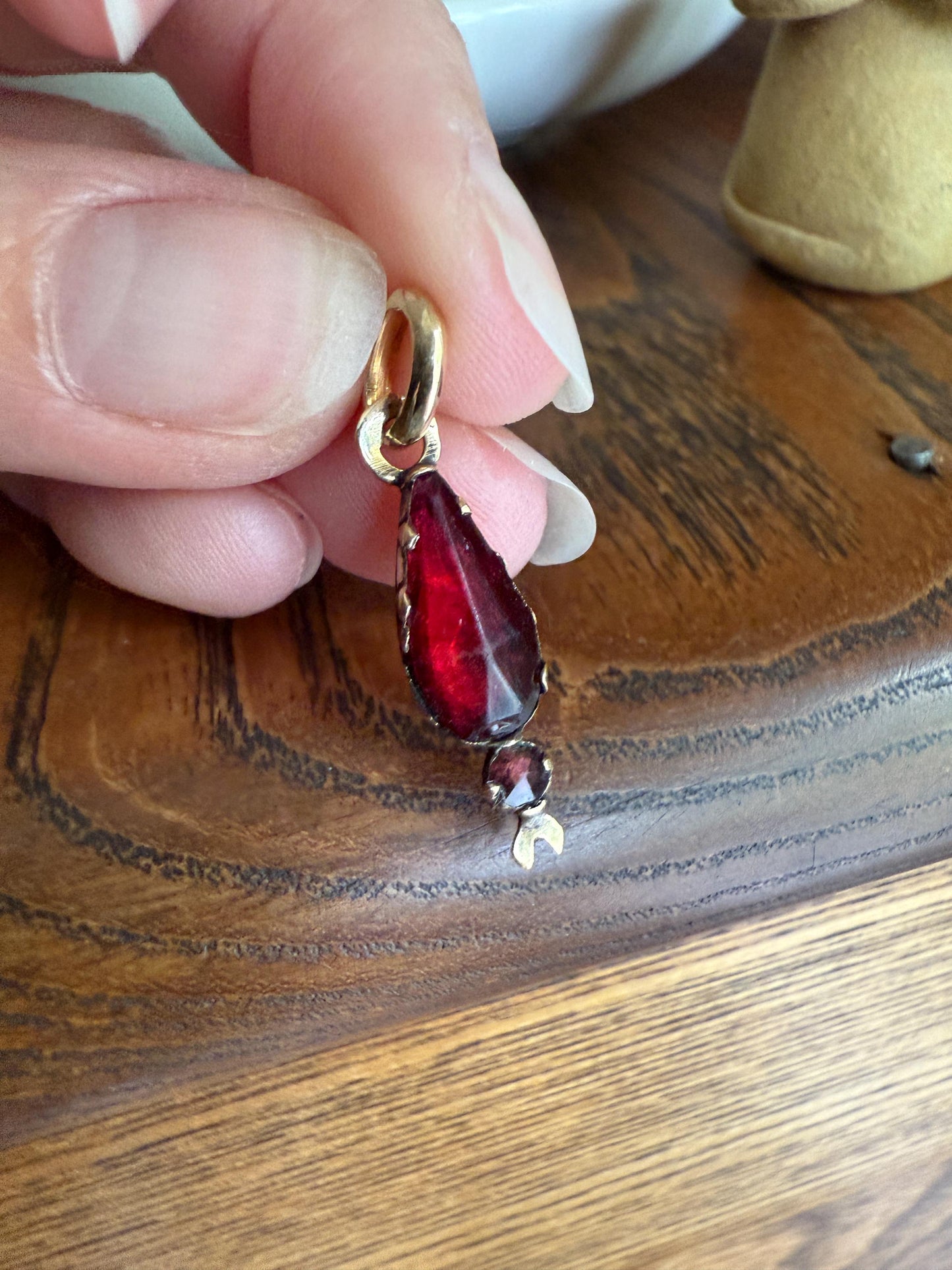 TEARDROP Victorian French Perpignan GARNET Pendant Charm Dangle Pendant Pear 18k Gold Rose Cut Closed Back Almandine Glowing Red Crimson