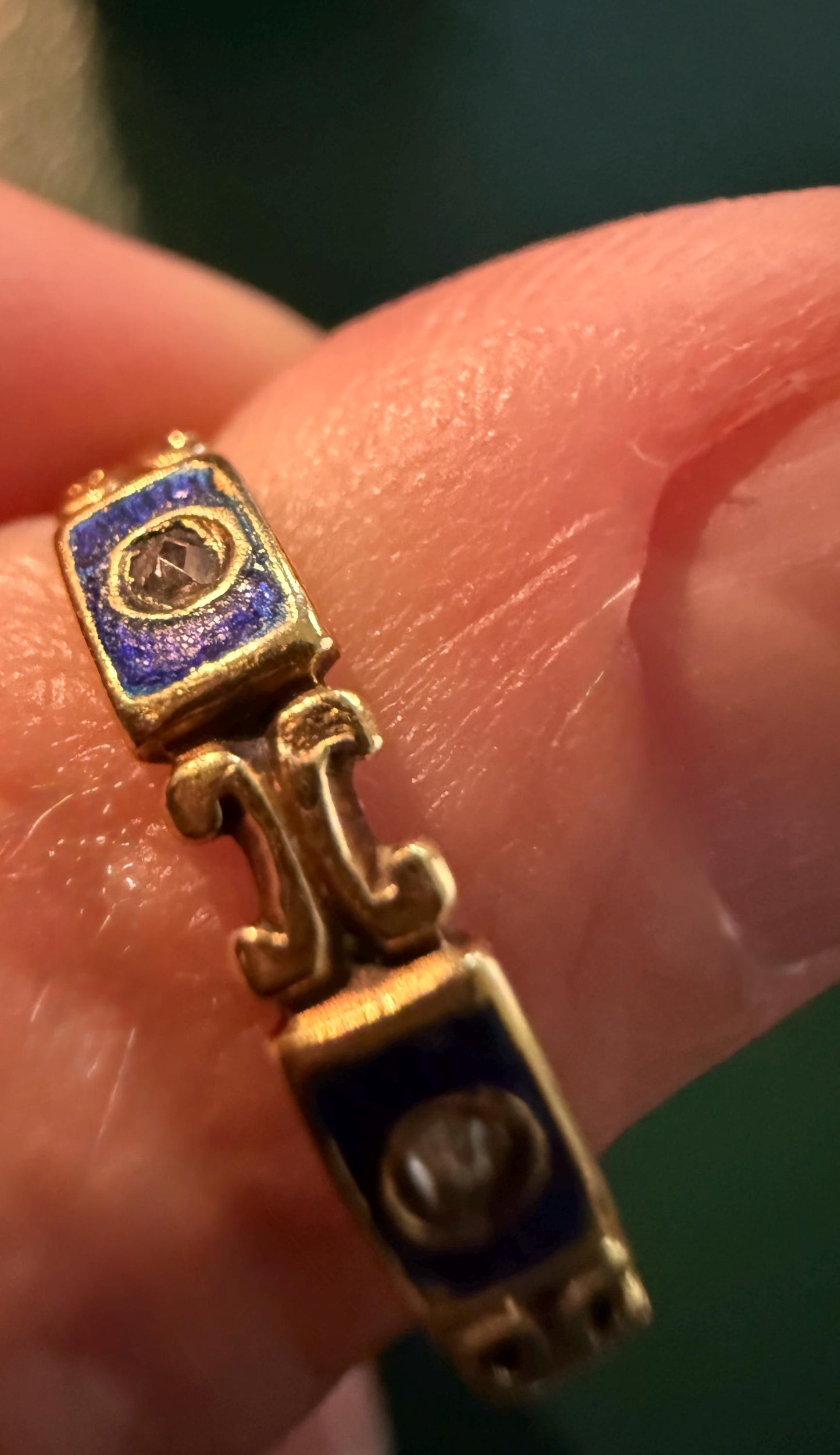 Ornate ANTIQUE Rose Cut DIAMOND Blue Enamel Eternity Wedding Band French Victorian Era Stacker Unique Cobalt Glitter Six Stone Romantic Gift