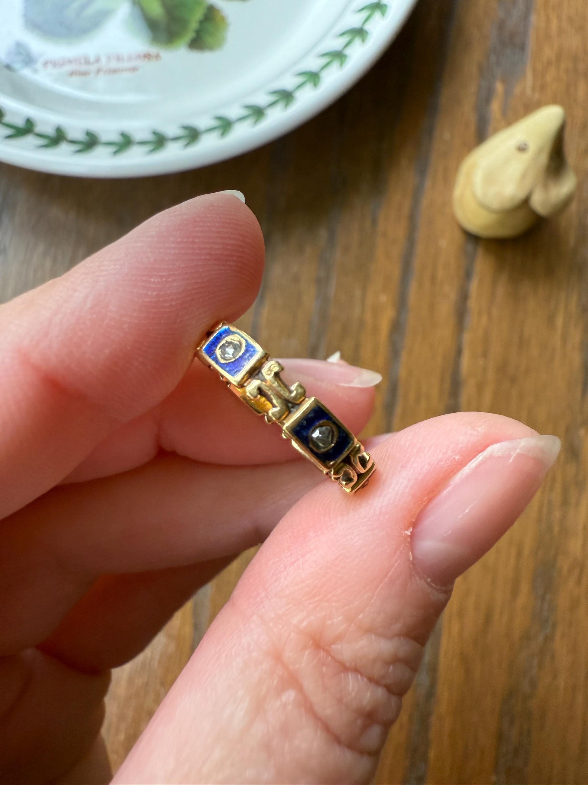 Ornate ANTIQUE Rose Cut DIAMOND Blue Enamel Eternity Wedding Band French Victorian Era Stacker Unique Cobalt Glitter Six Stone Romantic Gift