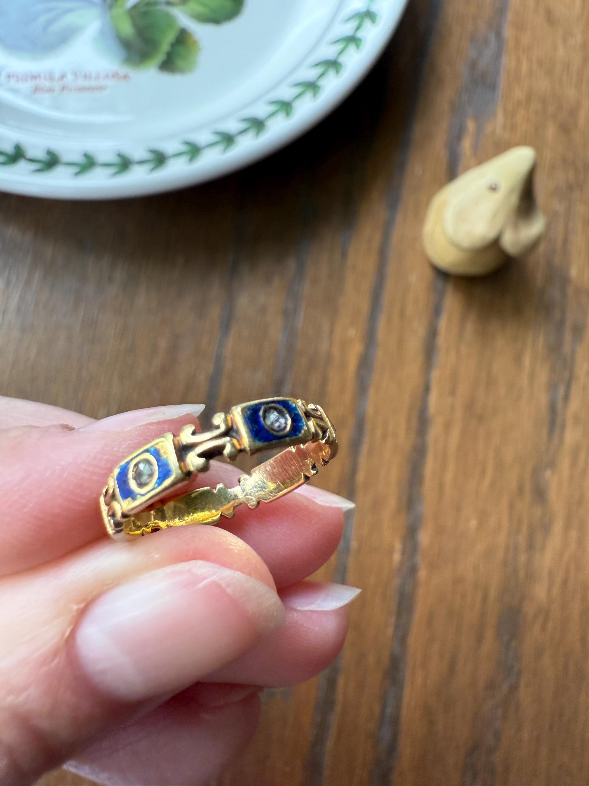 Ornate ANTIQUE Rose Cut DIAMOND Blue Enamel Eternity Wedding Band French Victorian Era Stacker Unique Cobalt Glitter Six Stone Romantic Gift