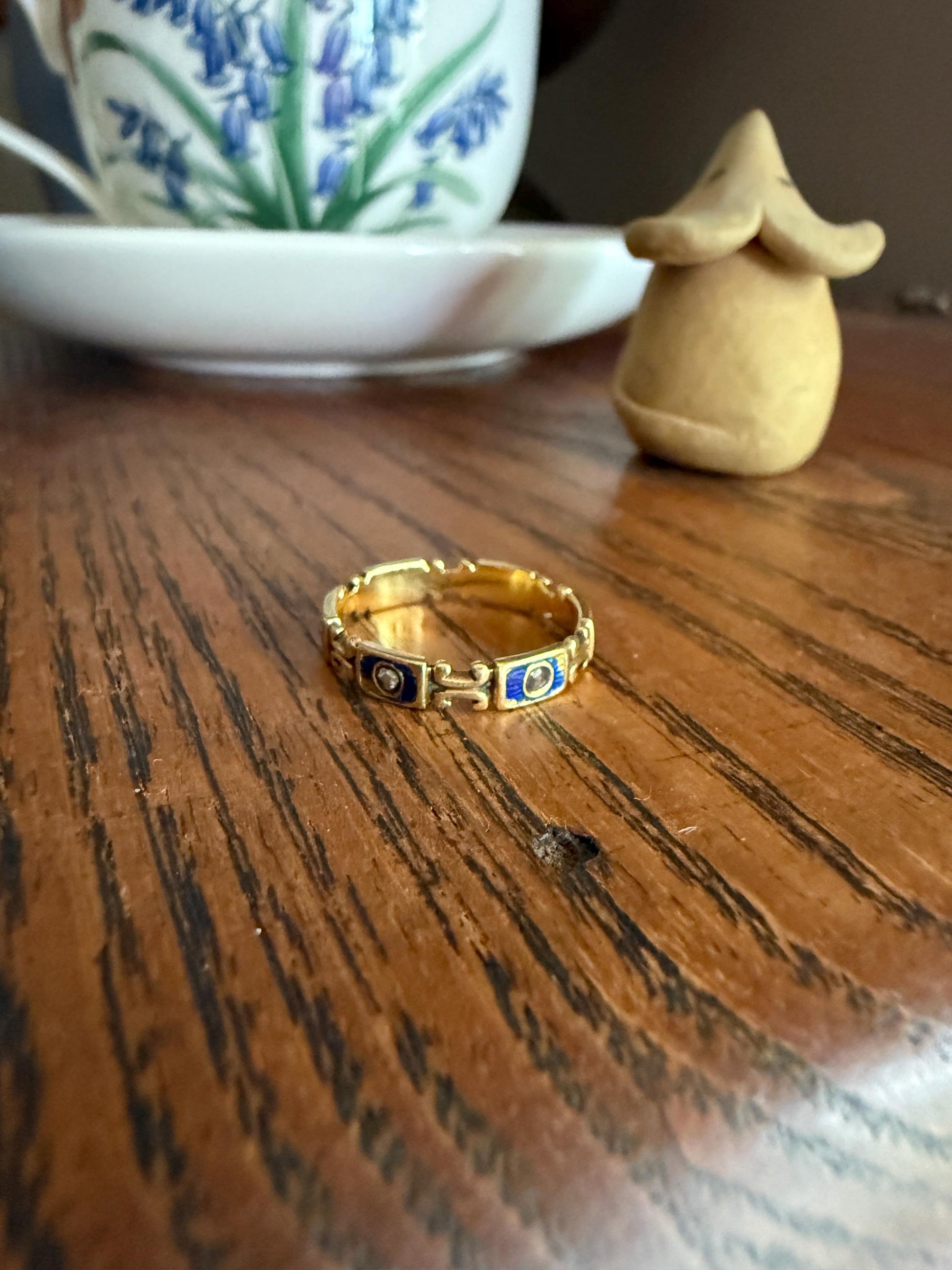 Ornate ANTIQUE Rose Cut DIAMOND Blue Enamel Eternity Wedding Band French Victorian Era Stacker Unique Cobalt Glitter Six Stone Romantic Gift