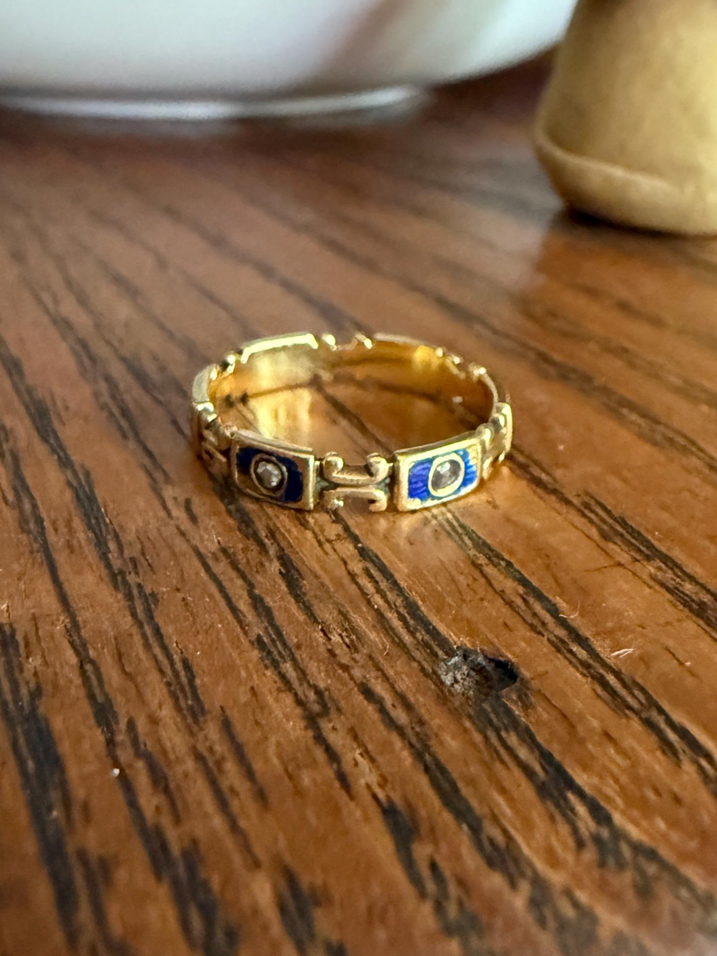 Ornate ANTIQUE Rose Cut DIAMOND Blue Enamel Eternity Wedding Band French Victorian Era Stacker Unique Cobalt Glitter Six Stone