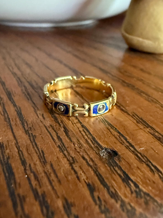 Ornate ANTIQUE Rose Cut DIAMOND Blue Enamel Eternity Wedding Band French Victorian Era Stacker Unique Cobalt Glitter Six Stone