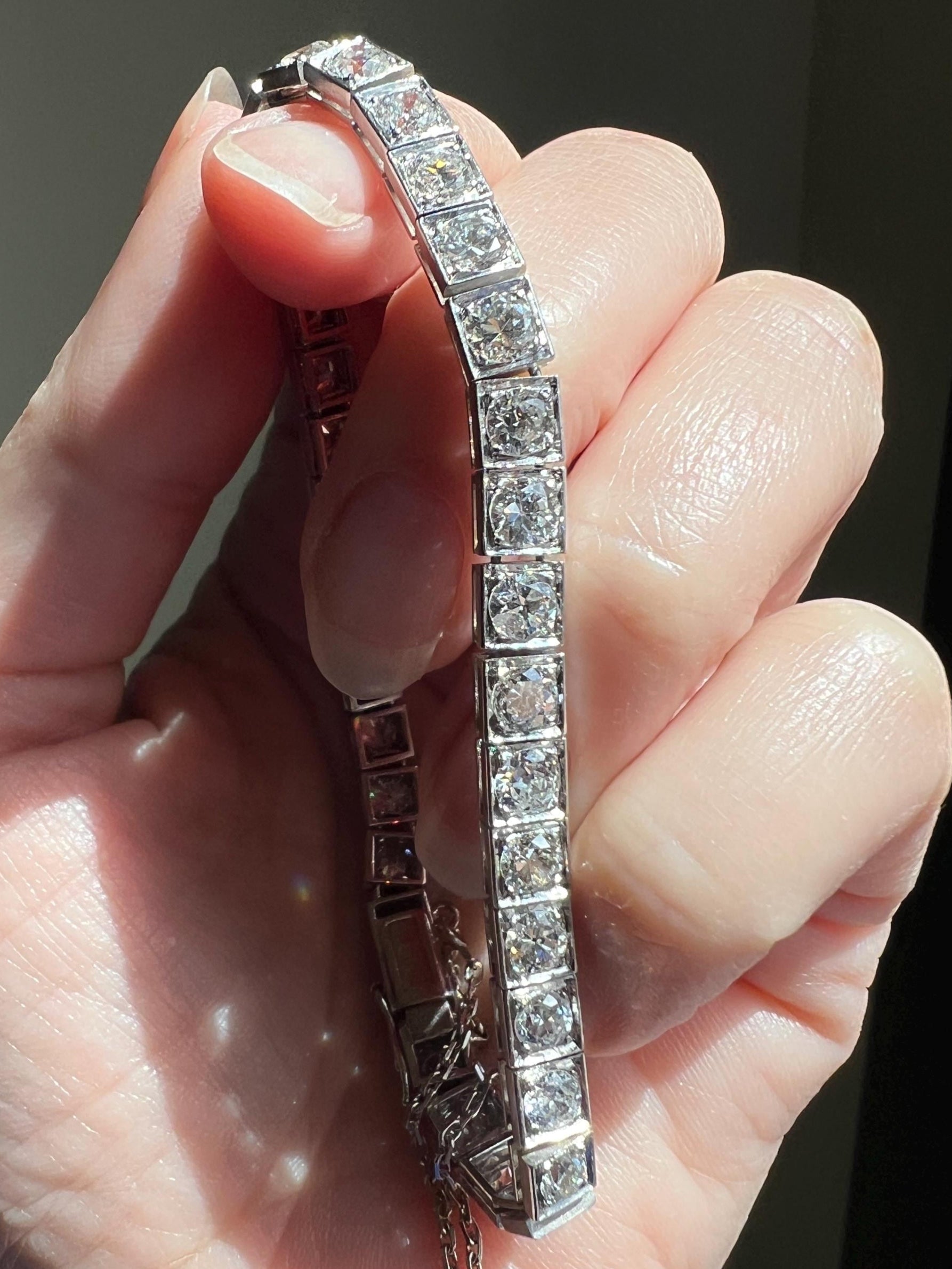 Antique 9.5 CARAT 35 Old European & Mine Cut DIAMOND Line Riviera Tennis Bracelet Platinum French Square Bezel Rivere Wriststack 9.5Ctw OmC