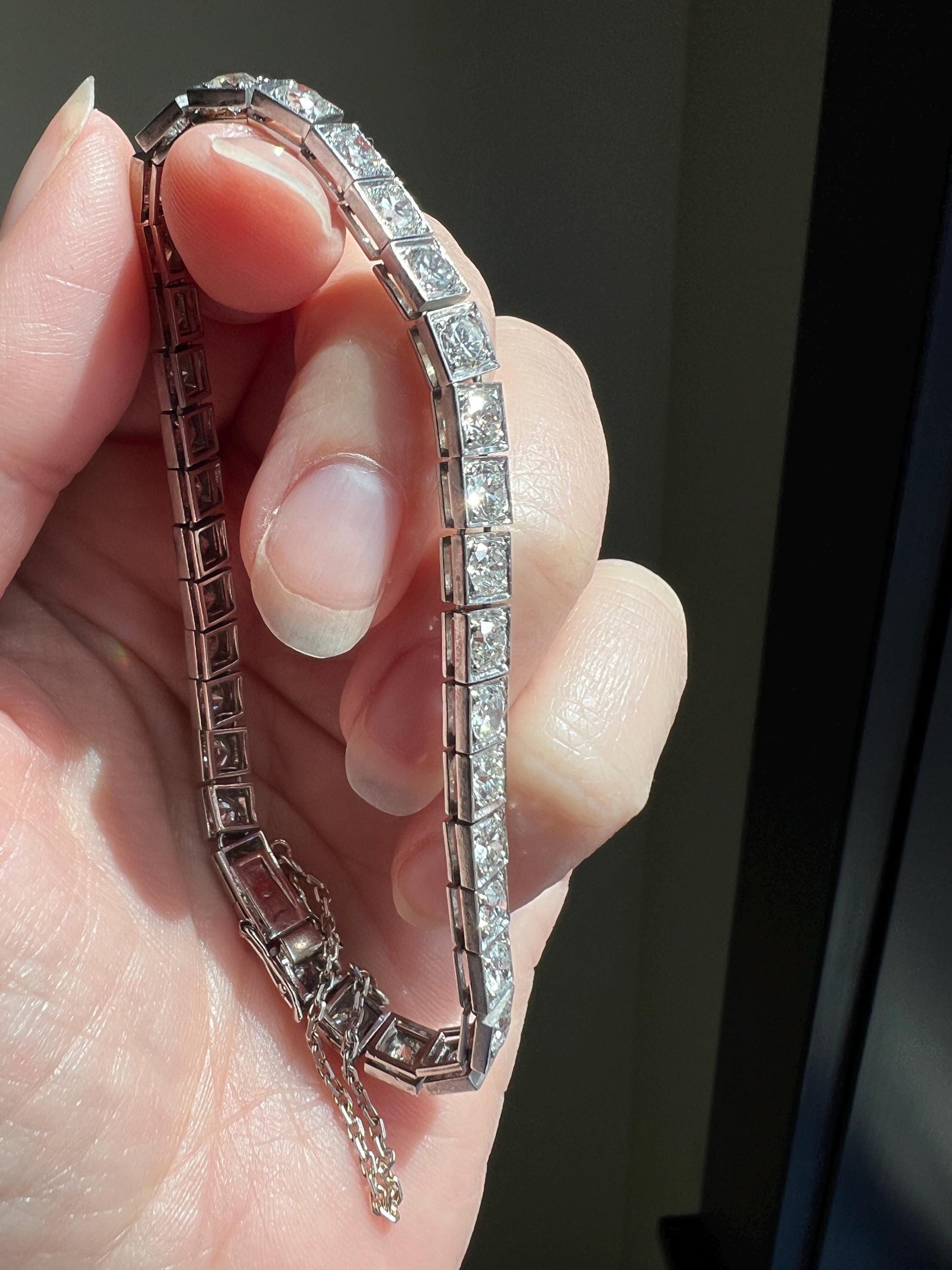Antique 9.5 CARAT 35 Old European & Mine Cut DIAMOND Line Riviera Tennis Bracelet Platinum French Square Bezel Rivere Wriststack 9.5Ctw OmC