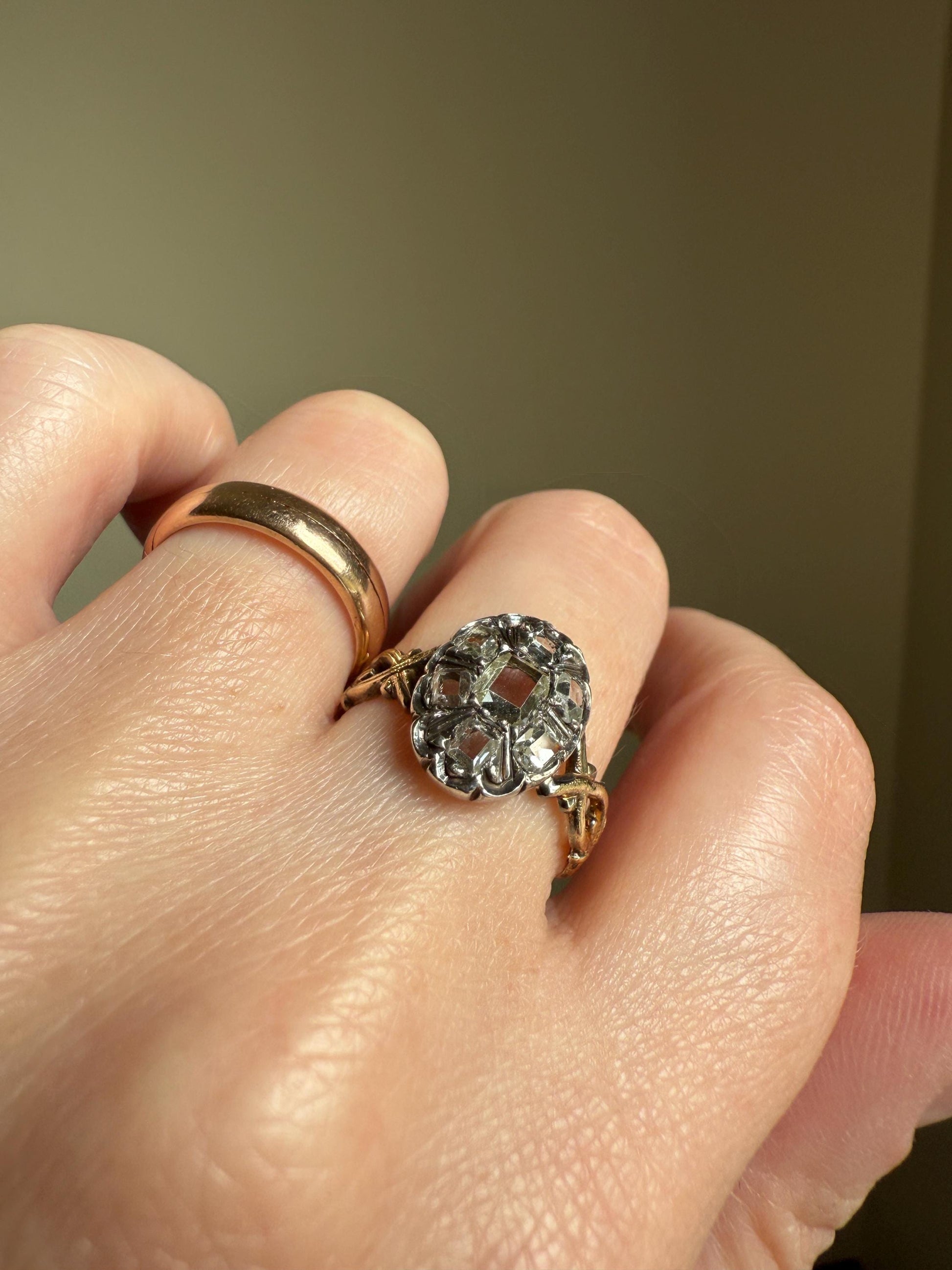 French Early Victorian Era Antique Open Back Table Cut DIAMOND Oval Cluster Ring 18k Gold Scarce Romantic Gift 1800s Ornate Band Stacker