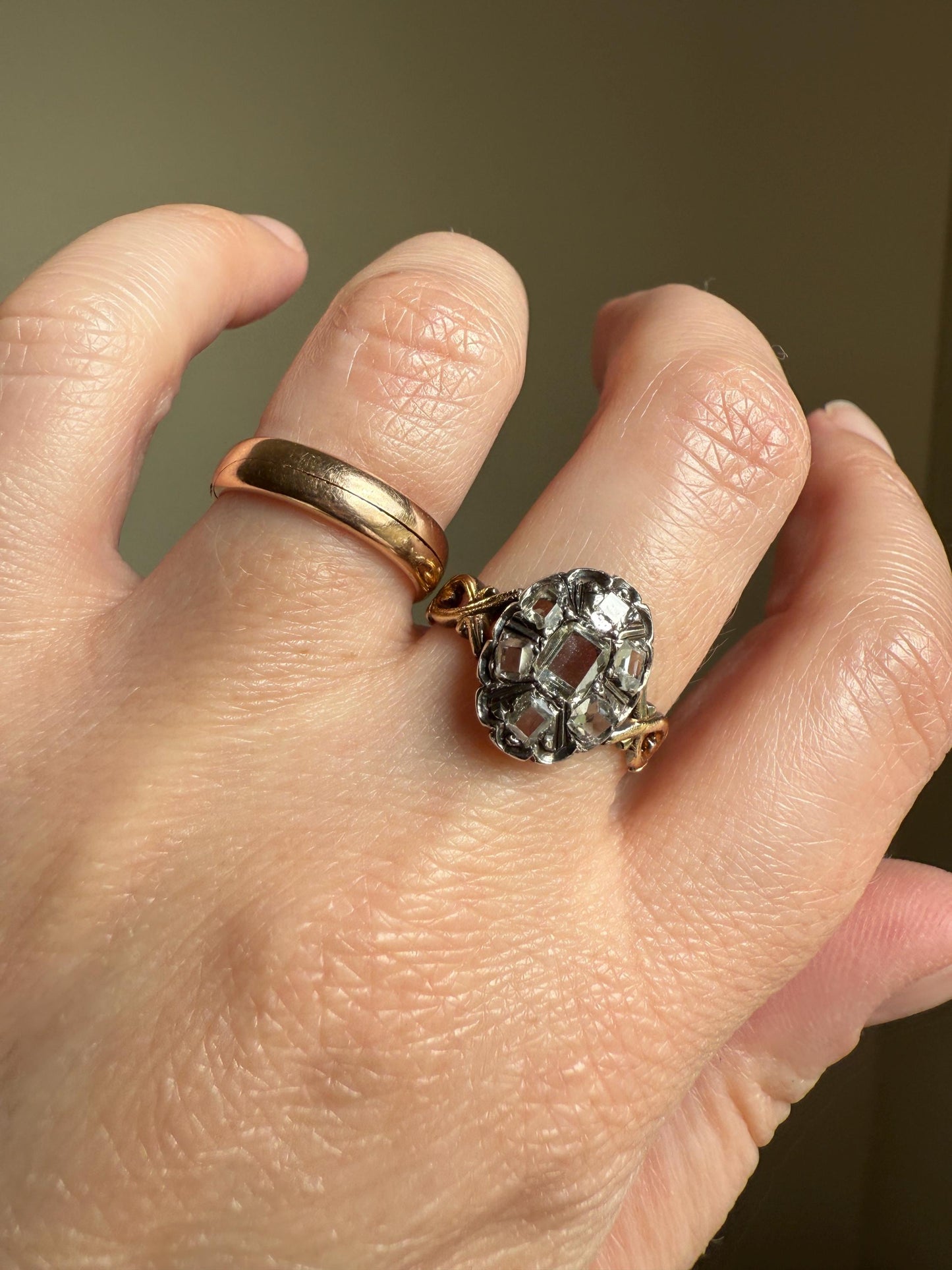 French Early Victorian Era Antique Open Back Table Cut DIAMOND Oval Cluster Ring 18k Gold Scarce Romantic Gift 1800s Ornate Band Stacker