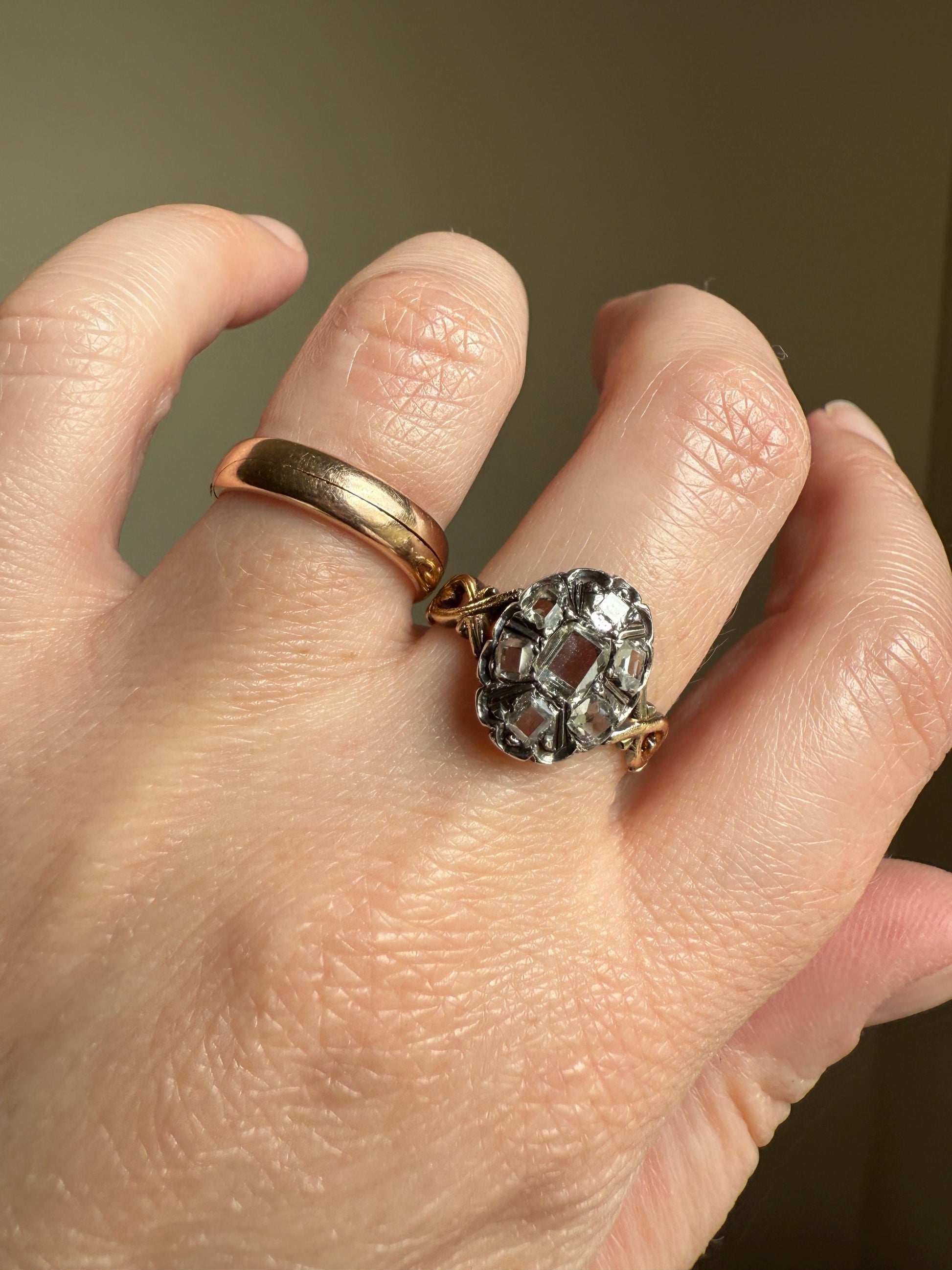 French Early Victorian Era Antique Open Back Table Cut DIAMOND Oval Cluster Ring 18k Gold Scarce Romantic Gift 1800s Ornate Band Stacker