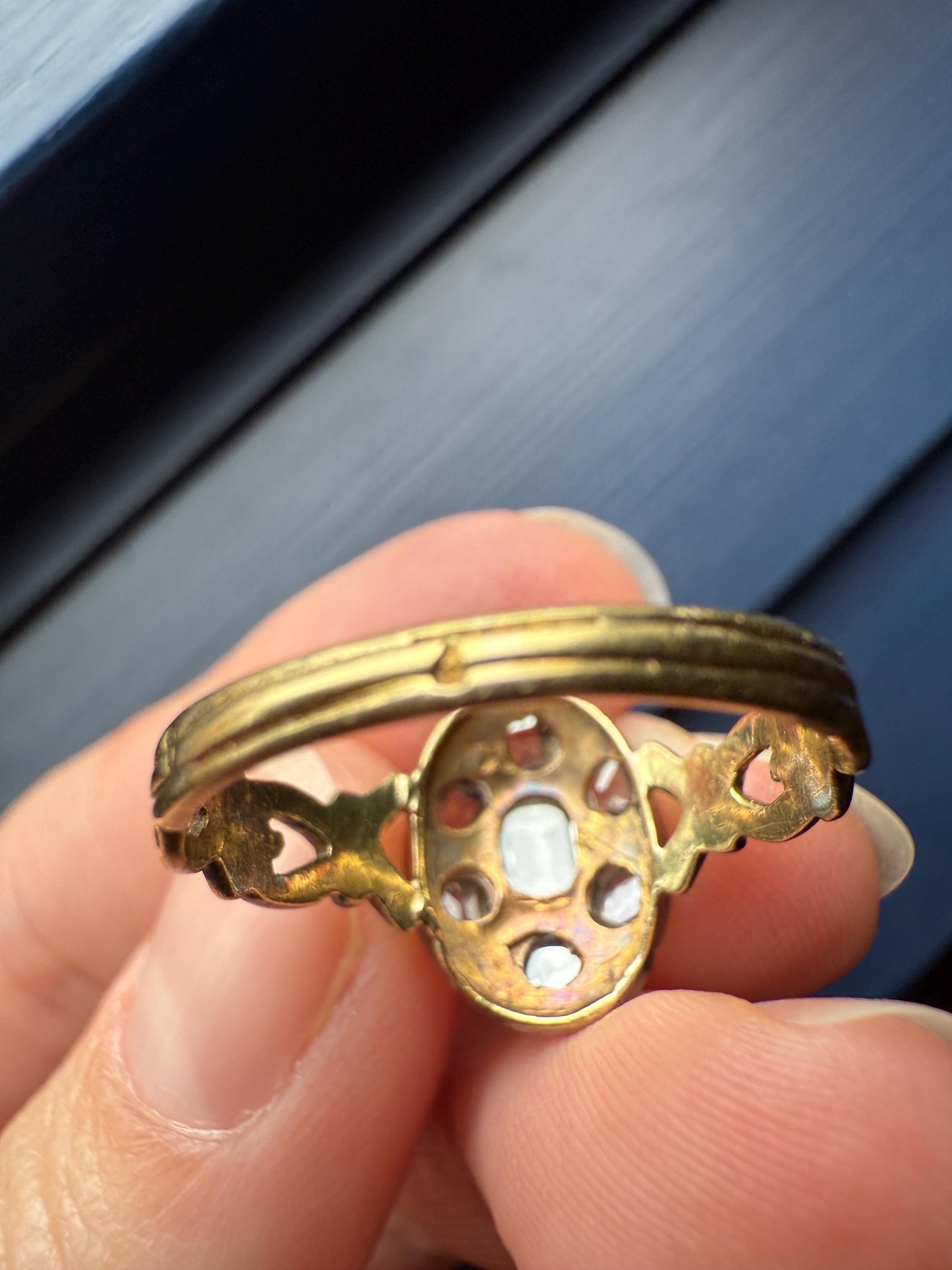 French Early Victorian Era Antique Open Back Table Cut DIAMOND Oval Cluster Ring 18k Gold Scarce Romantic Gift 1800s Ornate Band Stacker