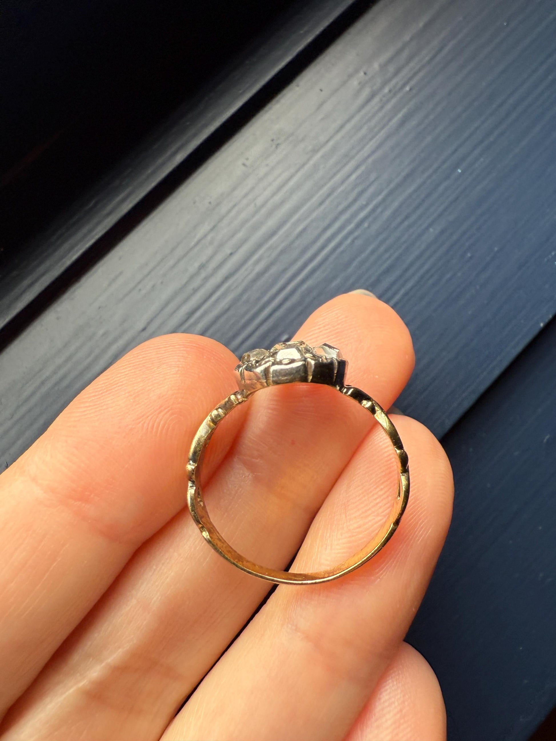French Early Victorian Era Antique Open Back Table Cut DIAMOND Oval Cluster Ring 18k Gold Scarce Romantic Gift 1800s Ornate Band Stacker