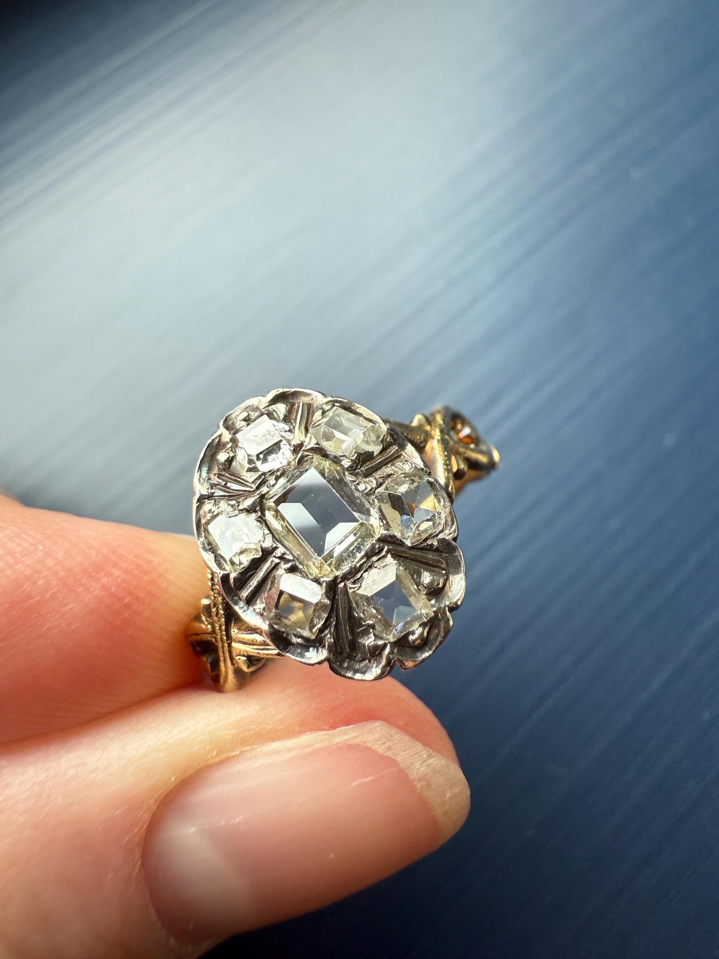 French Early Victorian Era Antique Open Back Table Cut DIAMOND Oval Cluster Ring 18k Gold Scarce Romantic Gift 1800s Ornate Band Stacker