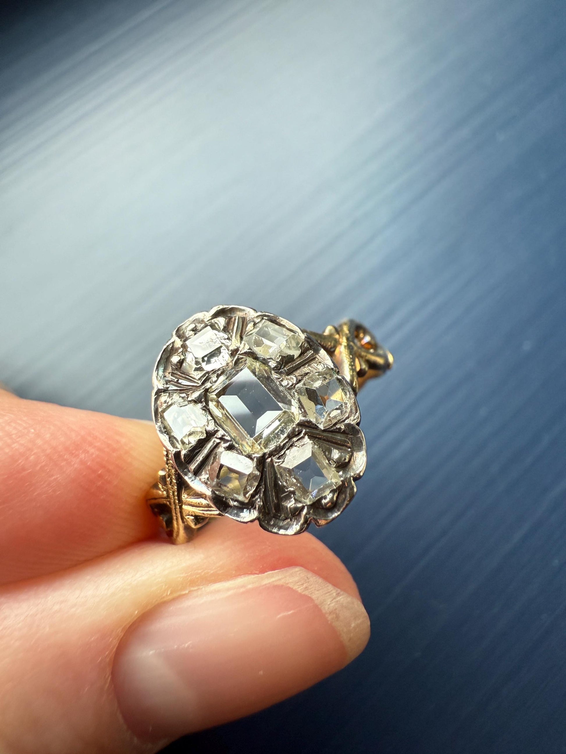 French Early Victorian Era Antique Open Back Table Cut DIAMOND Oval Cluster Ring 18k Gold Scarce Romantic Gift 1800s Ornate Band Stacker
