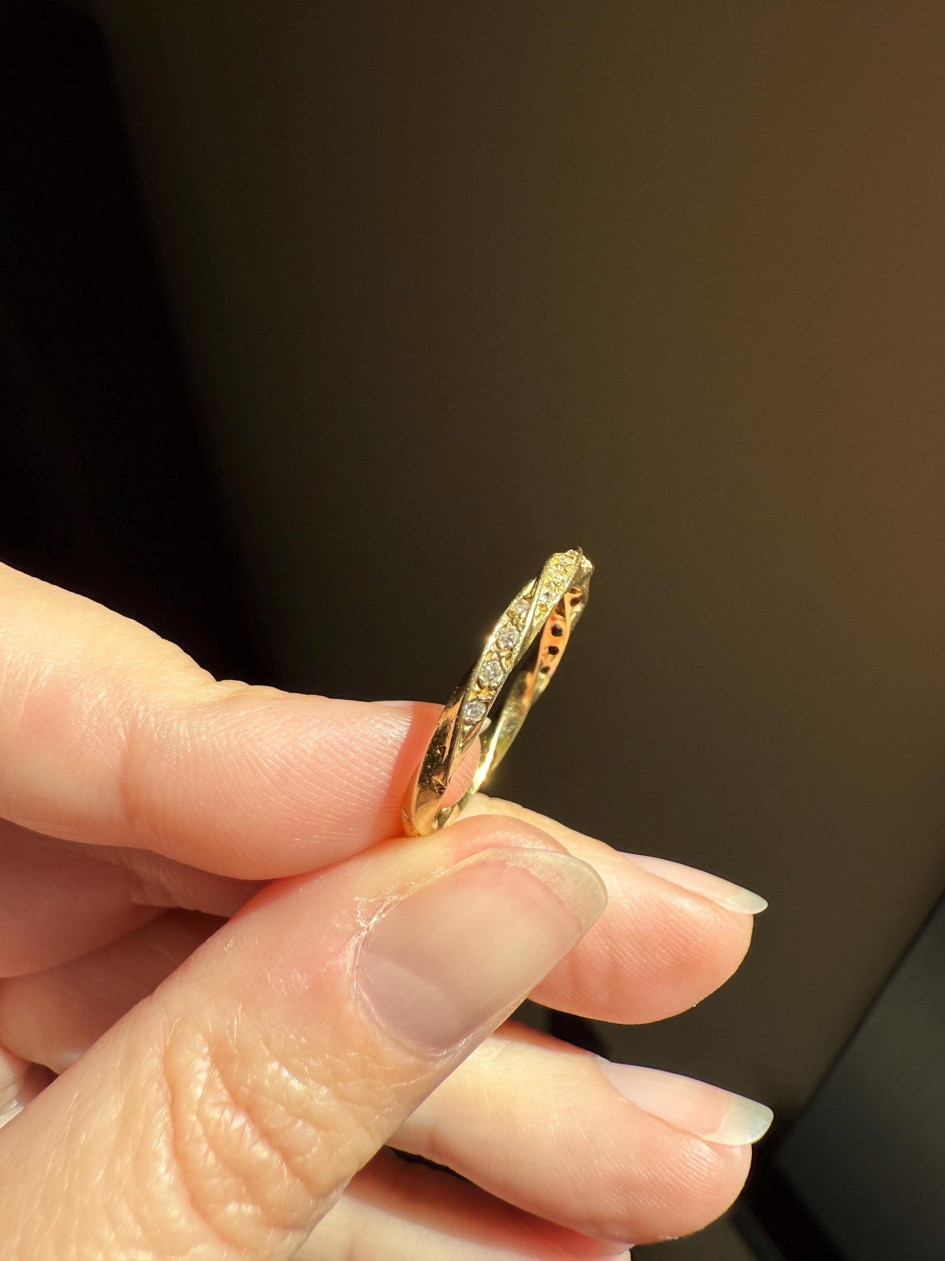 French Vintage 16 Diamond TWIST 18k Gold Ring Stackable Torsade Beveled Donut Skinny BAND Gem Encrusted Half Hoop Romantic Gift
