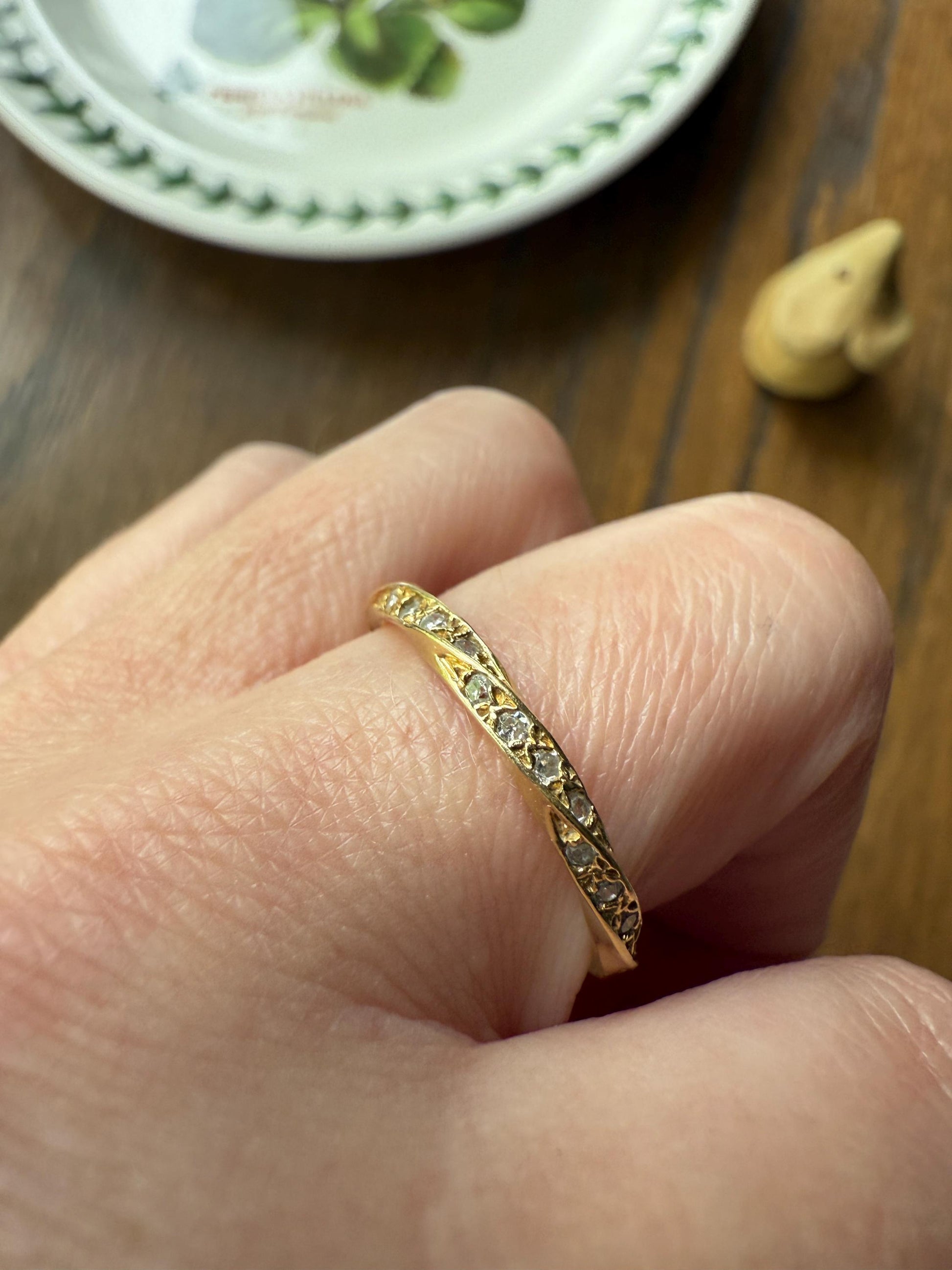 French Vintage 16 Diamond TWIST 18k Gold Ring Stackable Torsade Beveled Donut Skinny BAND Gem Encrusted Half Hoop Romantic Gift