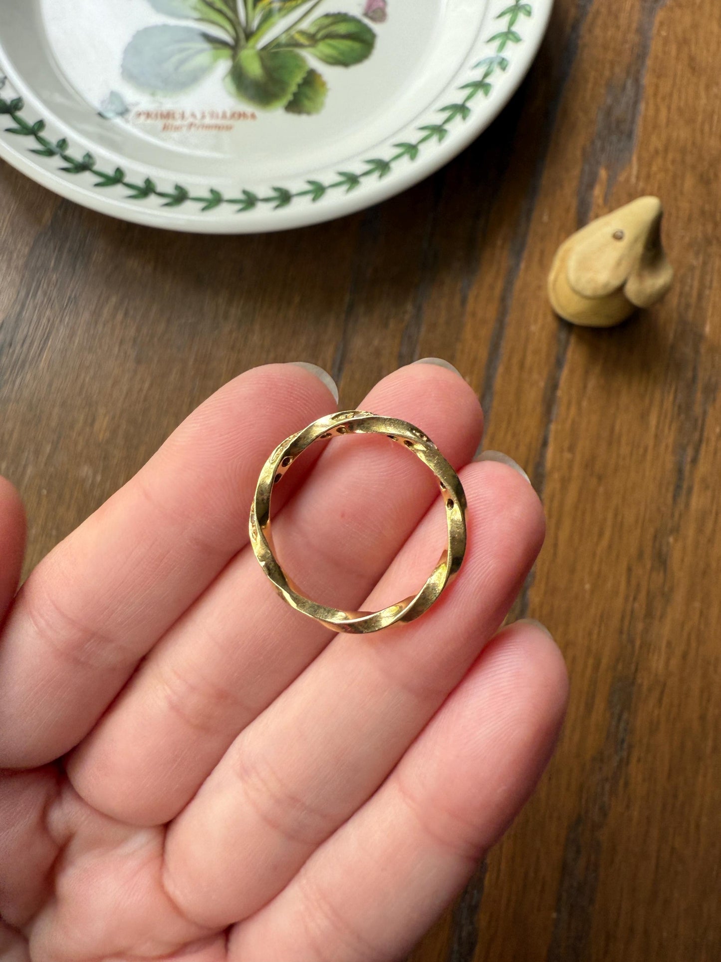 French Vintage 16 Diamond TWIST 18k Gold Ring Stackable Torsade Beveled Donut Skinny BAND Gem Encrusted Half Hoop Romantic Gift